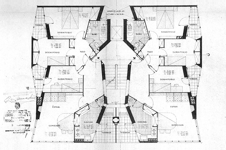 José Antonio Coderch et Manuel Valls, plan type de la Casa de la Marina, Barcelone, 1951-1955.