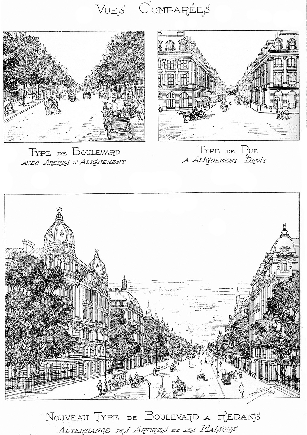 À certains égards, la pièce urbaine C rappelle la forme urbaine du «nouveau type de boulevard à redans» développé par Eugène Hénard, qui déclarait à propos de son projet théorique: «… il est inadmissible que nous ne puissions à notre tour créer des types nouveaux dans lesquels, sans rien sacrifier des conditions du progrès scientifique, l’agrément des habitants et la beauté des aspects n’aient aussi leur part.»