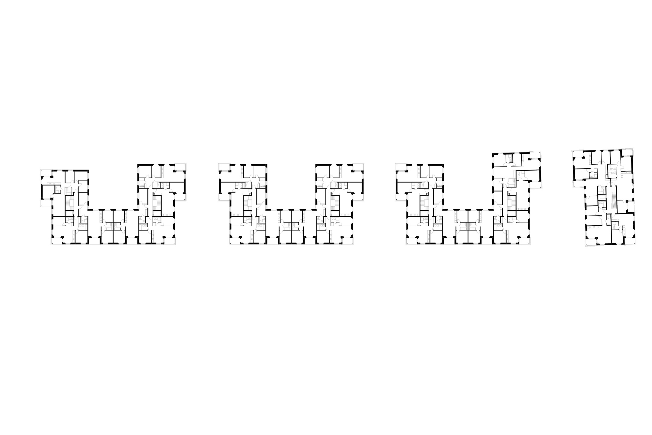 Plan d’étage type. Parmi les douze types d’appartements réalisés, quatre sont à retenir: ceux au nord, rayonnant à 180°; le type à l’angle rentrant et celui à l’angle sortant, puis le type traversant (de la cour nord à la façade sud). La composition diagonale est induite par la morphologie du redent.