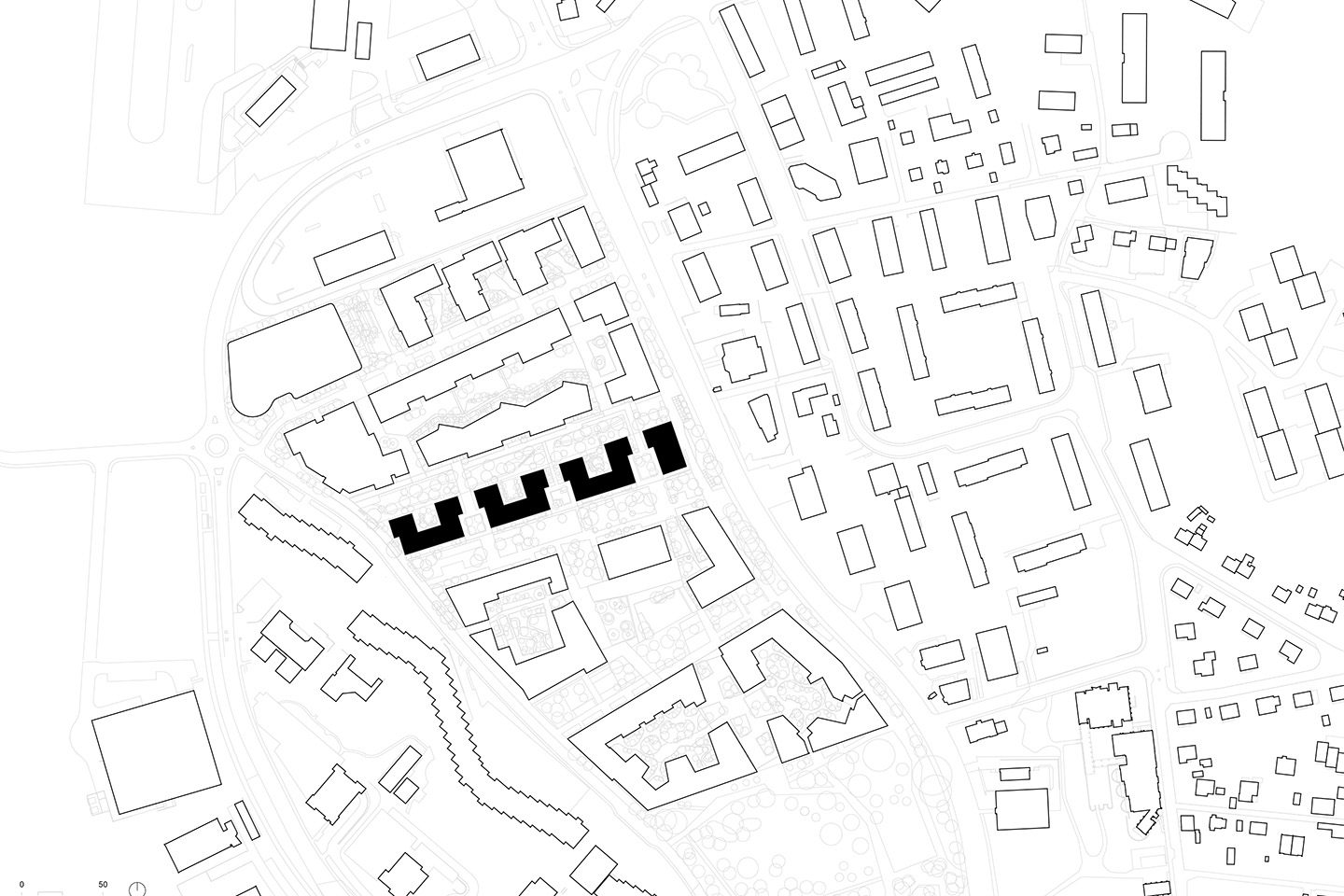 Plan de situation. La pièce urbaine C est la seule pièce urbaine composée en une opération et réalisée par un seul bureau d’architecte.