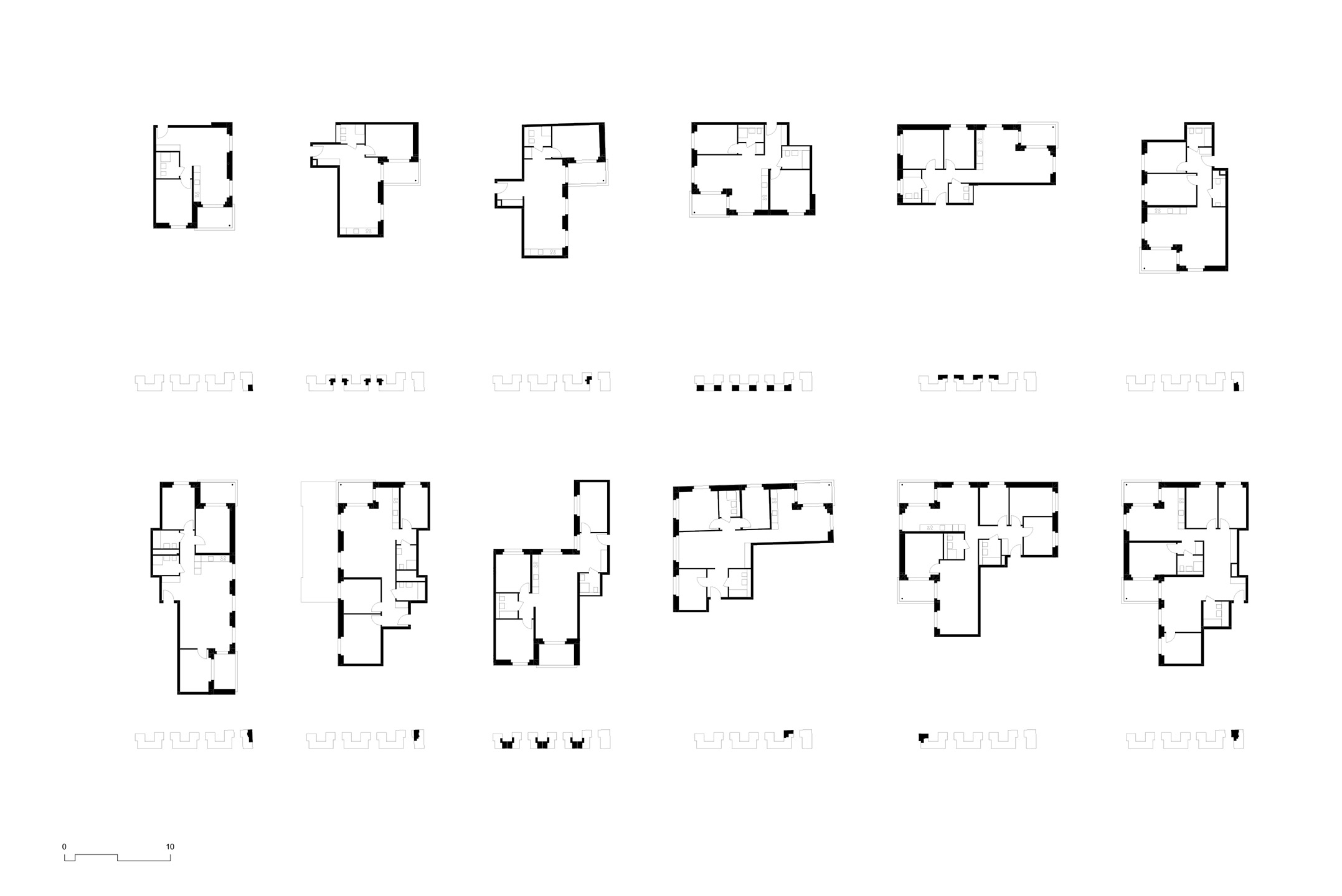 Typologies. Parmi les douze types d’appartements réalisés, quatre sont à retenir: ceux au nord, rayonnant à 180°; le type à l’angle rentrant et celui à l’angle sortant, puis le type traversant (de la cour nord à la façade sud). La composition diagonale est induite par la morphologie du redent.