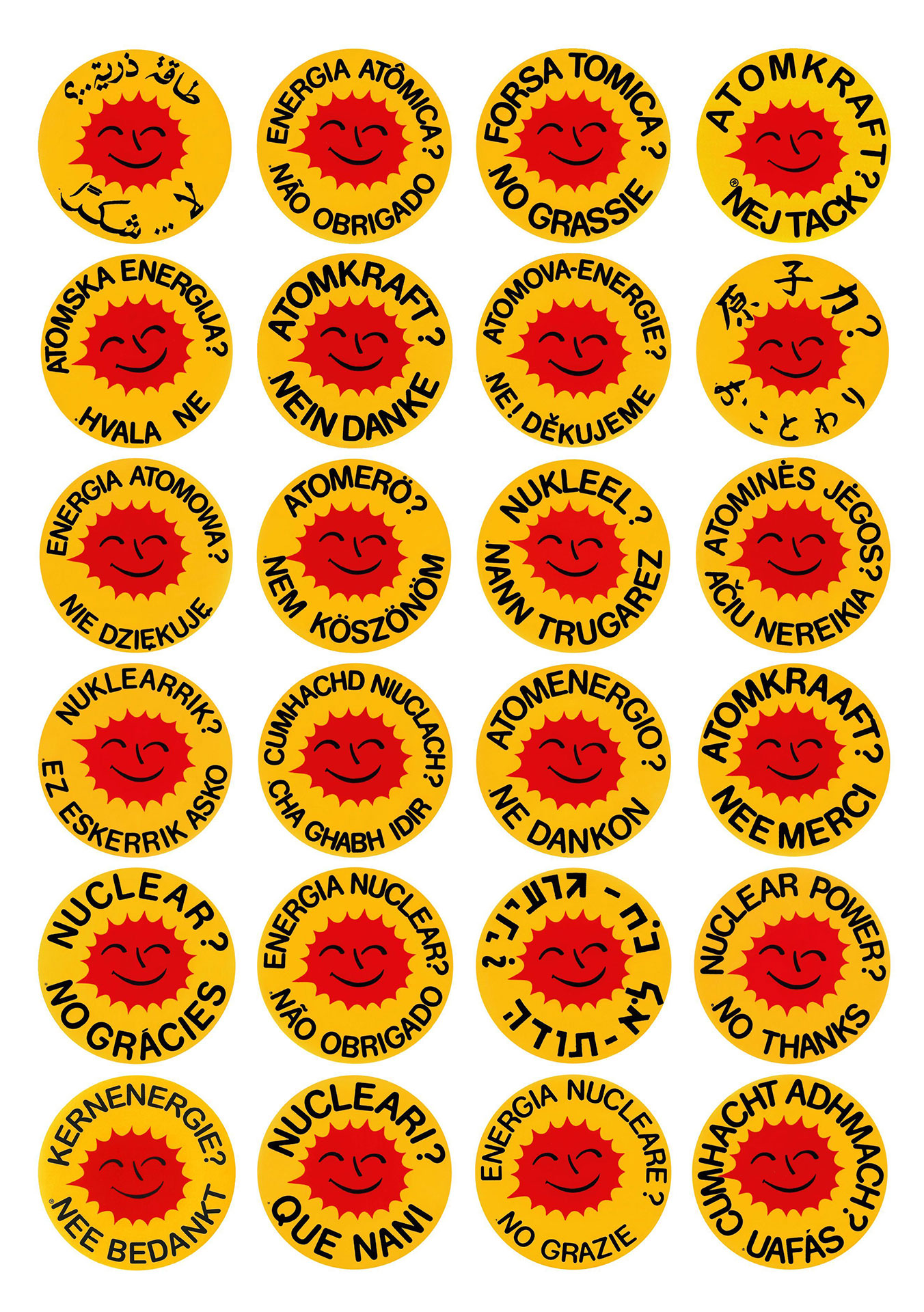 «Atomkraft? Nein Danke»-Logo in vierundzwanzig Sprachen, 2023. Die Idee zu dem ikonischen Motiv hatte 1975 die damals 22-jährige Dänin Anne Lund.