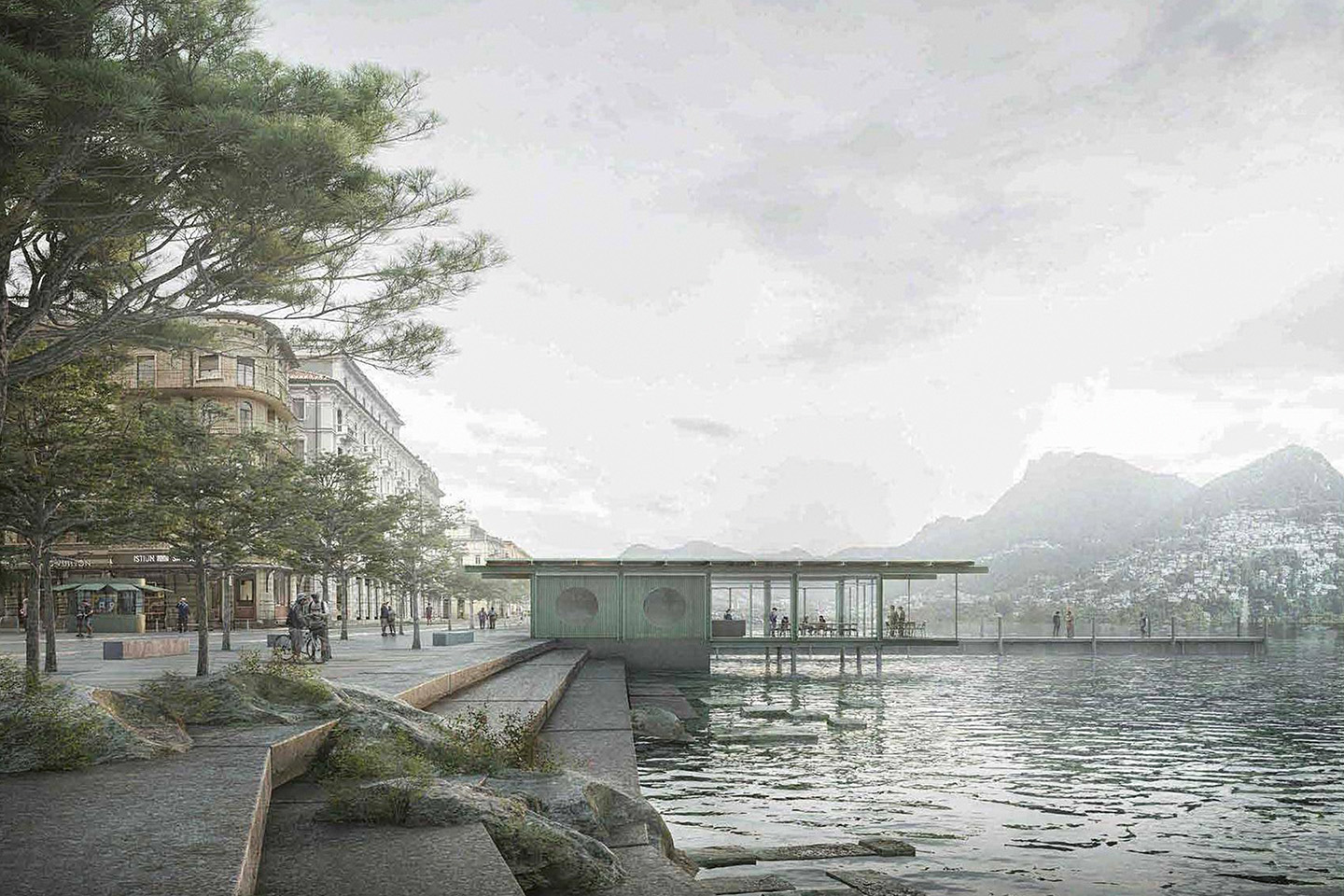 Riqualifica giardino Belvedere, nuovo imbarcadero, comparto scalinata e funicolare degli Angioli, parco Tassino, Lugano.