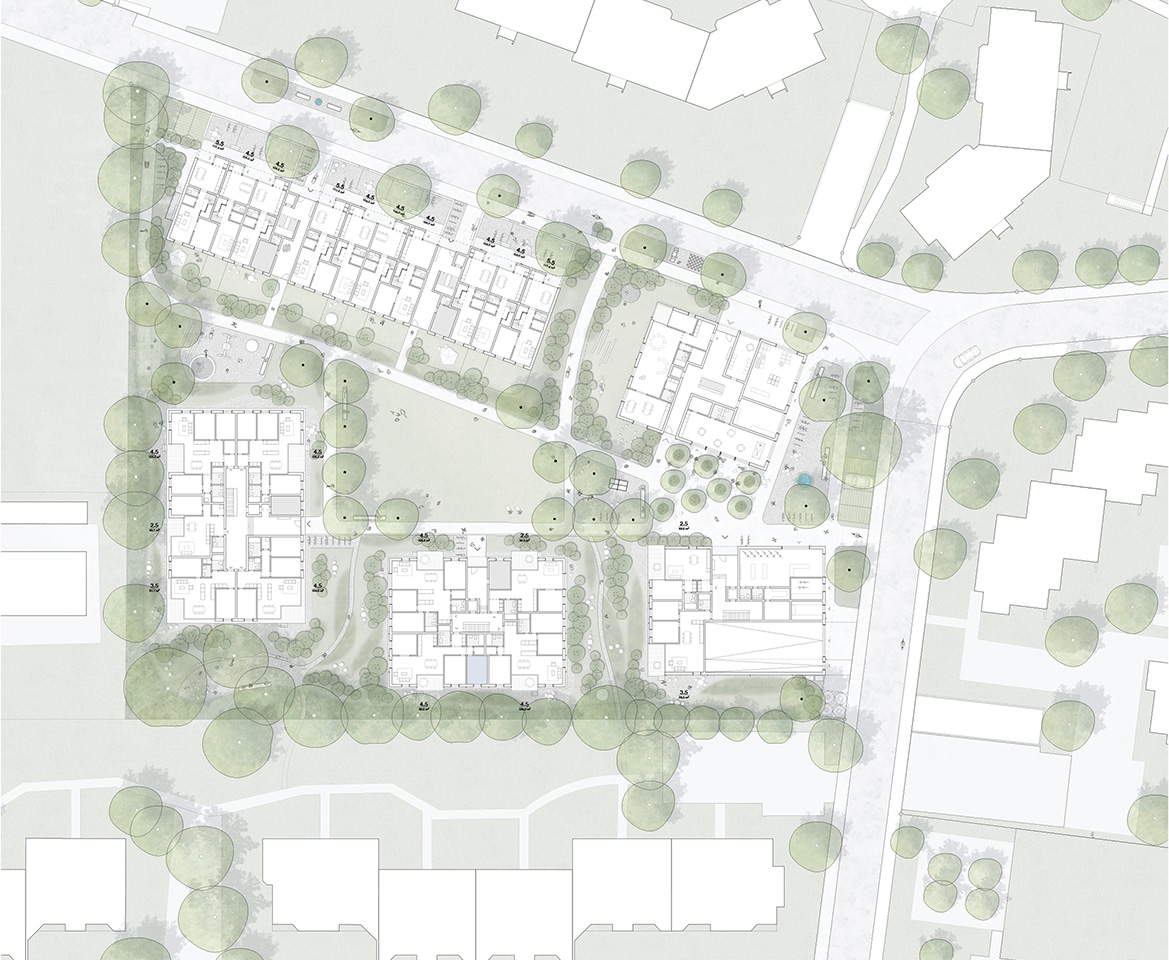 Auf der relativ kleinen Parzelle sollen drei Wohnbauten aus den 1980er-Jahren ersetzt werden. Das Siegerteam um Brügger Architekten schlägt einen Ersatzneubau vor. Situationsplan.