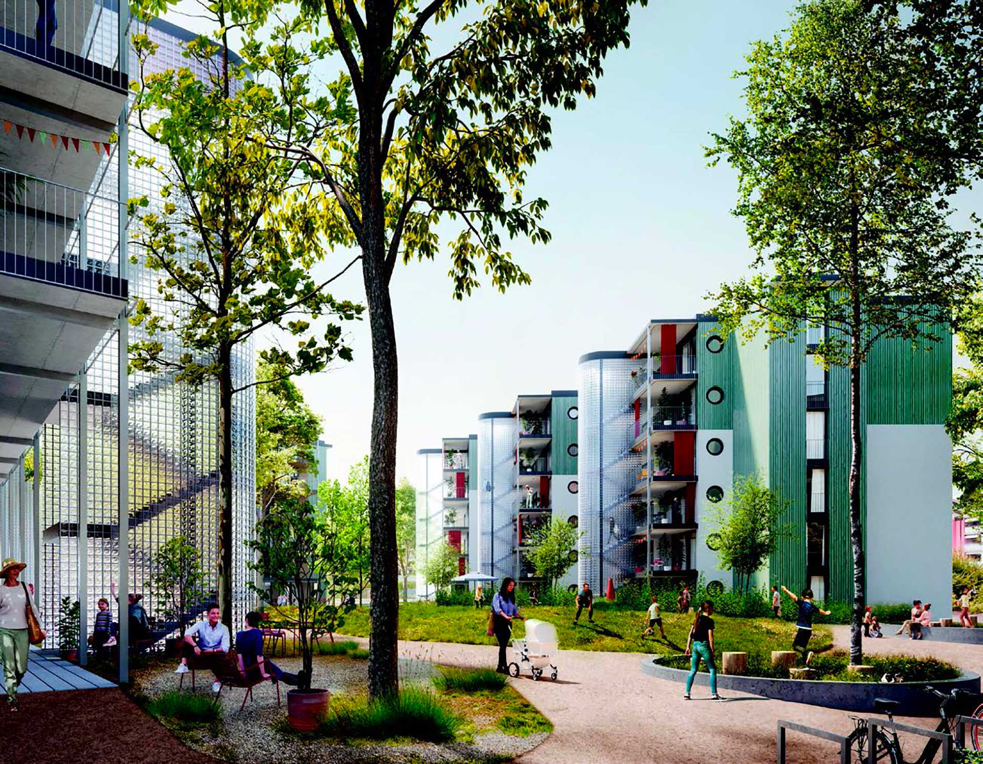 Das Team um Oxid Architektur schlägt eine plausible Kombination aus Bestand und Neubau vor. Zwei Wohnzeilen bleiben bestehen und werden aufgestockt, der dritte Wohnbau wird durch ein L-förmiges Volumen in Holzbauweise ersetzt. Das Erscheinungsbild der Wohnsiedlung verändert sich grundlegend. Visualisierung.