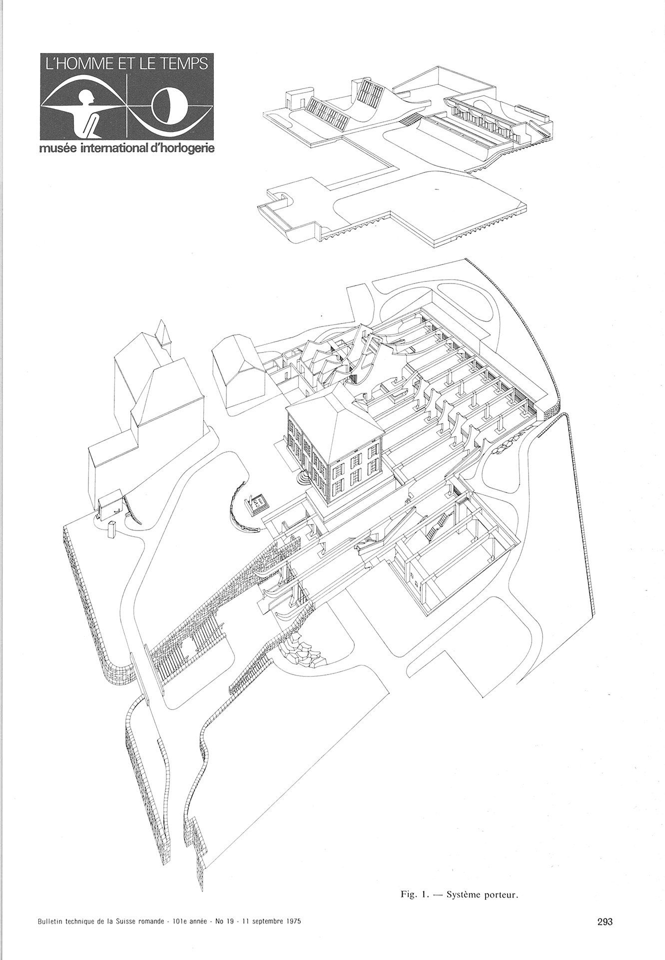 Vue perspective du système porteur du musée horloger et son logo iconique.