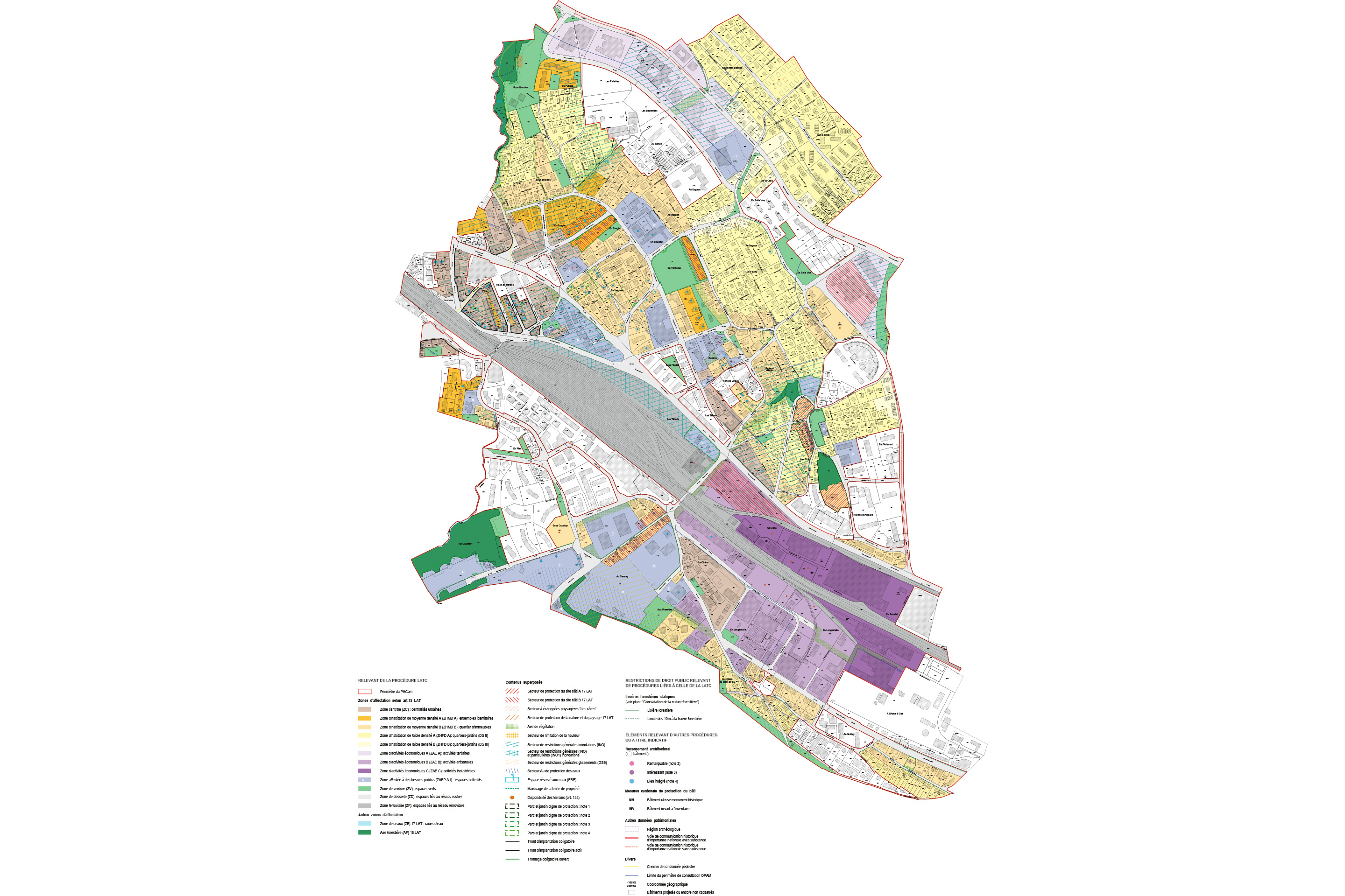 Plan des zones et aires du futur plan d’affectation communal (PACom), approuvé par la Municipalité le 10 juillet 2023, mis à l’enquête du 19 août au 19 septembre 2023. En blanc: les plans de quartier.