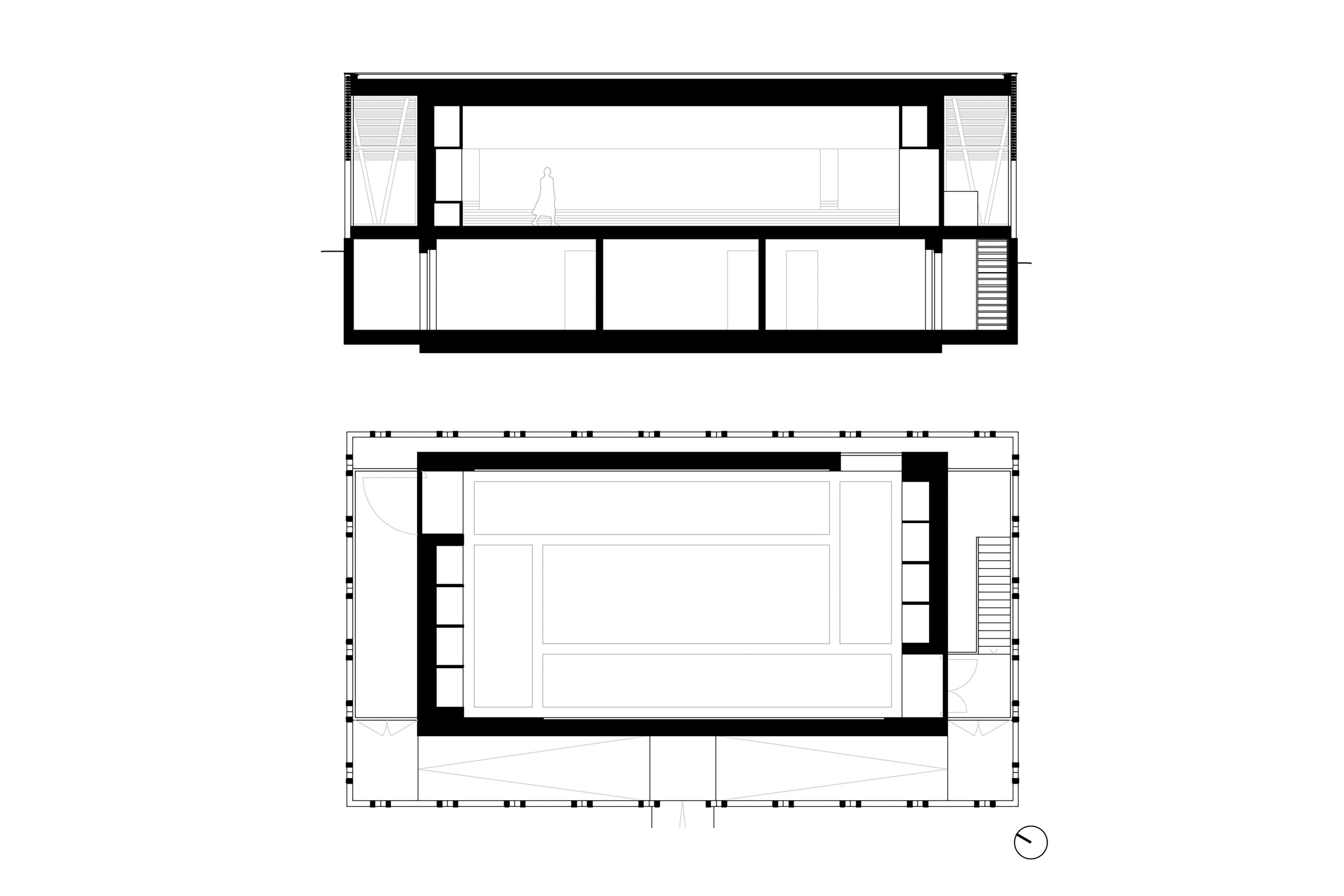 Der Hauptraum im erhöhten Erdgeschoss ist aus Weisstanne, die Laube und der Innenausbau sind aus Eiche. Das Erdgeschoss ist betoniert. Grundriss und Schnitt.