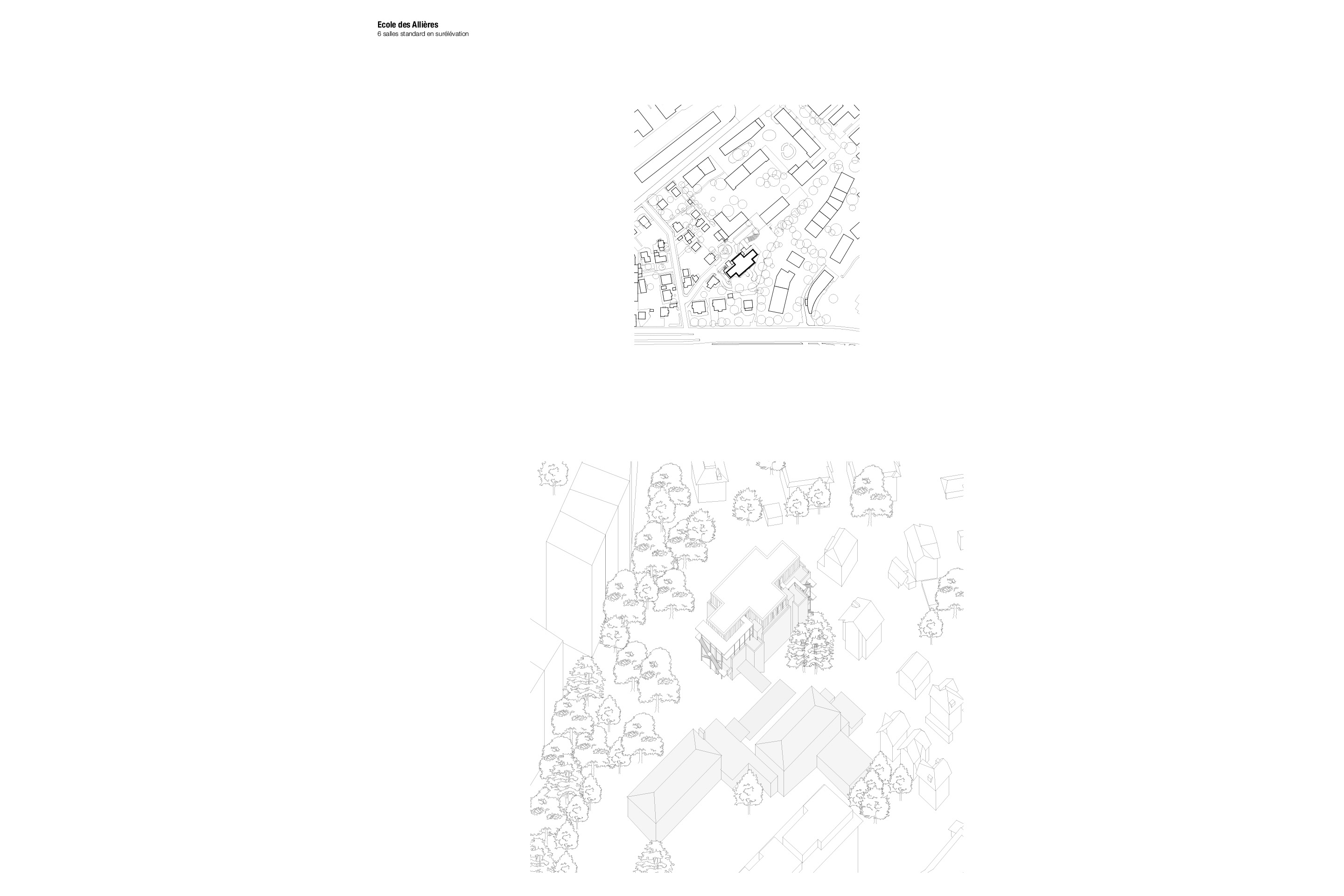 École des Allières. Axonométrie: les nouveaux bâtiments modulaires se greffent perpendiculairement au préau existant, qui est prolongé.