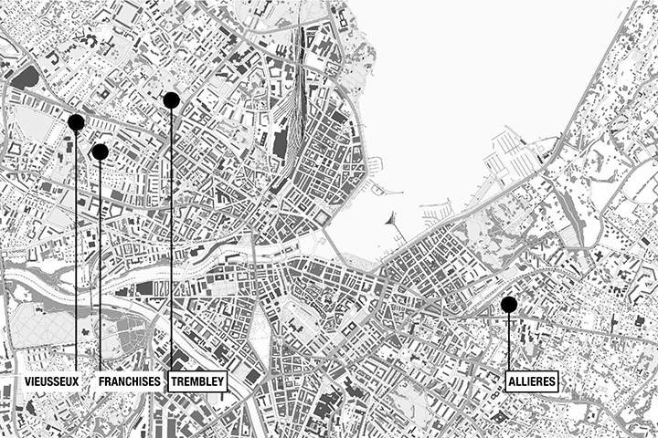 Genève, plan de situation des quatre écoles: celles de Trembley et des Allières sont déjà réalisées, celles de Vieusseux et des Franchises sont en cours de construction.