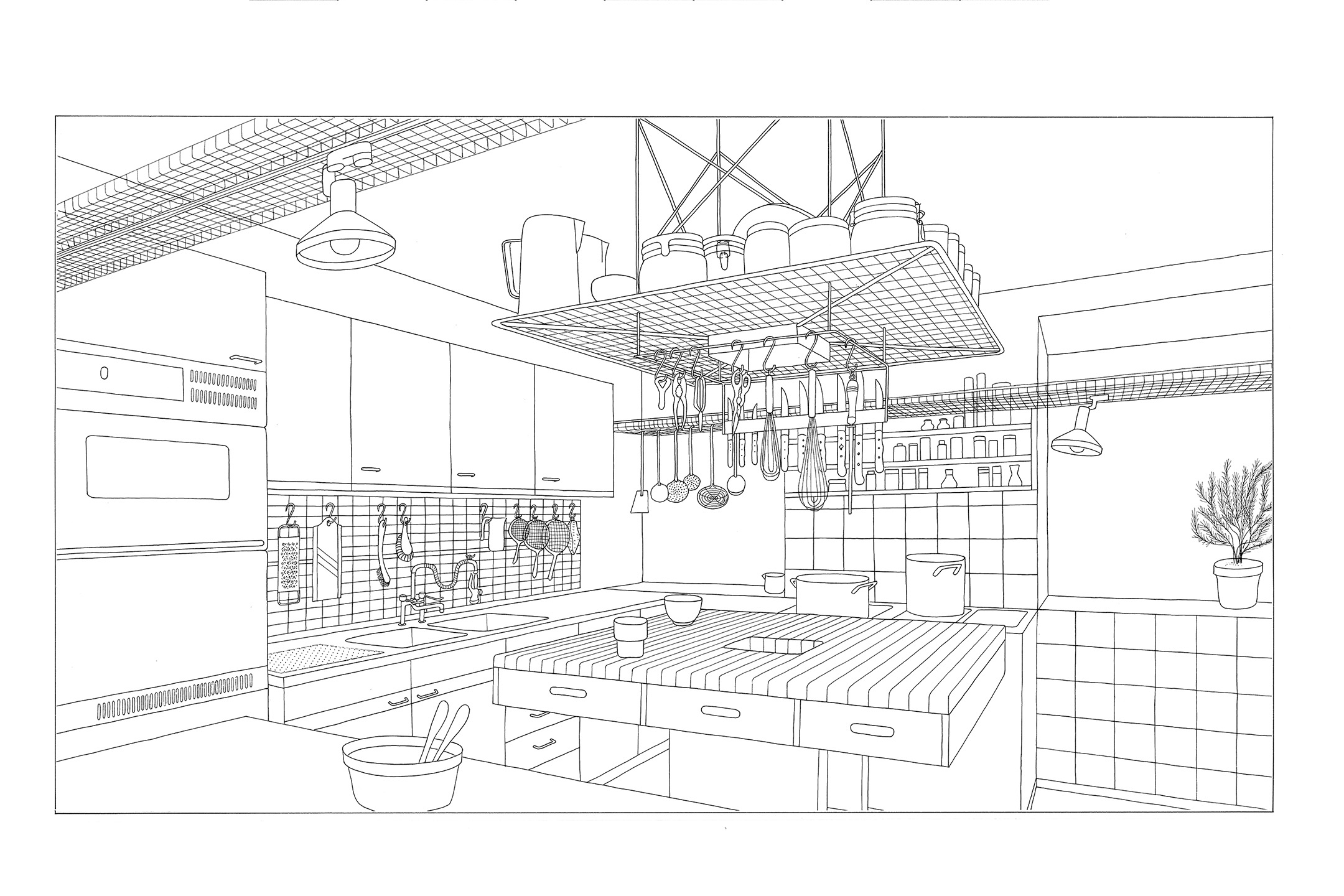In der «Küche zum Kochen» von Otl Aicher um 1982 sind alle Utensilien sichtbar und greifbar um die Kochinsel herum angeordnet.
