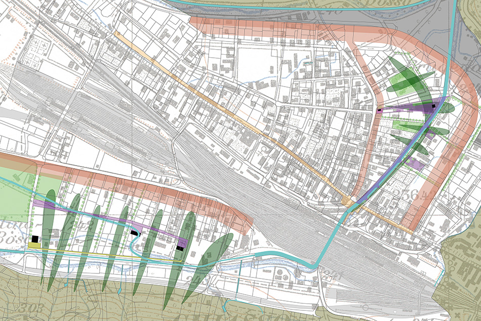 Gruppo 1: Architettura e urbanistica: Rossetti+Wyss Architekten, Zollikon (capofila). Architettura del paesaggio: Ryffel + Ryffel, Uster. Ingegneria del traffico e pianificazione urbanistica: asa Arbeitsgruppe für Siedlungsplanung und Architektur. Lettura territoriale e strategia di progetto.