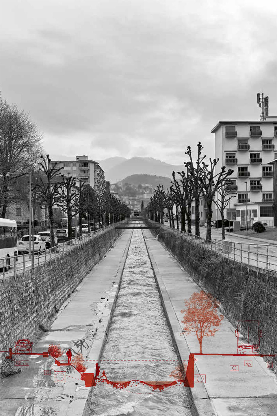 Comal.ch con OIKOS e Officina del paesaggio, riqualificazione paesaggistica e naturalistica del torrente Faloppia, sezione trasversale.