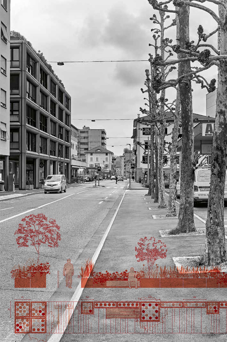 Comal.ch con OLOS ATELIER, riqualificazione di corso San Gottardo, vista e pianta.