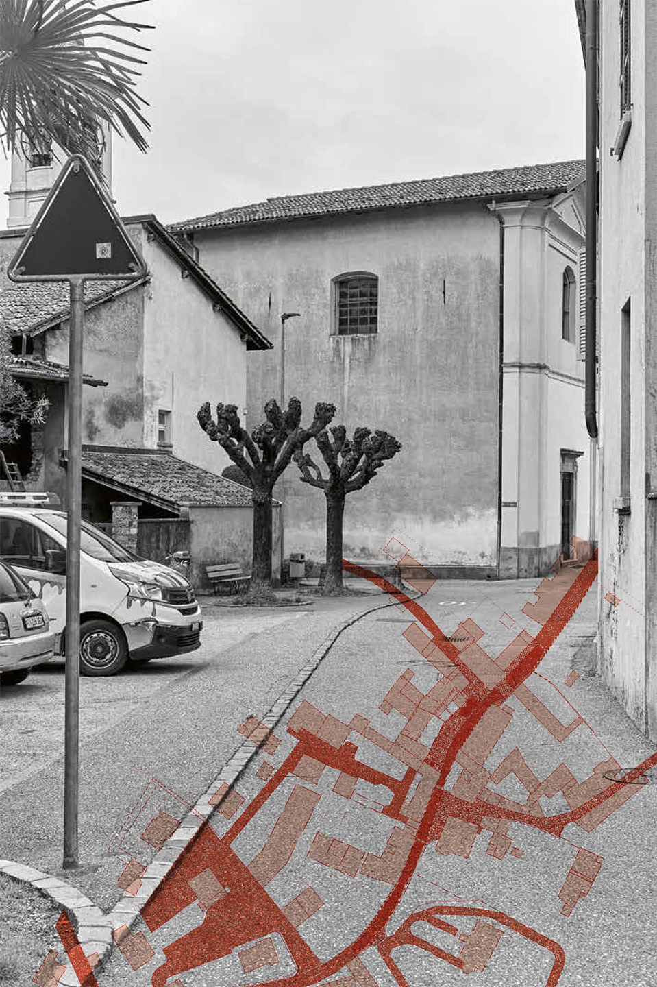 Conti architetti, riqualificazione del nucleo di Pedrinate, planimetria generale con la proposta di pavimentazione.