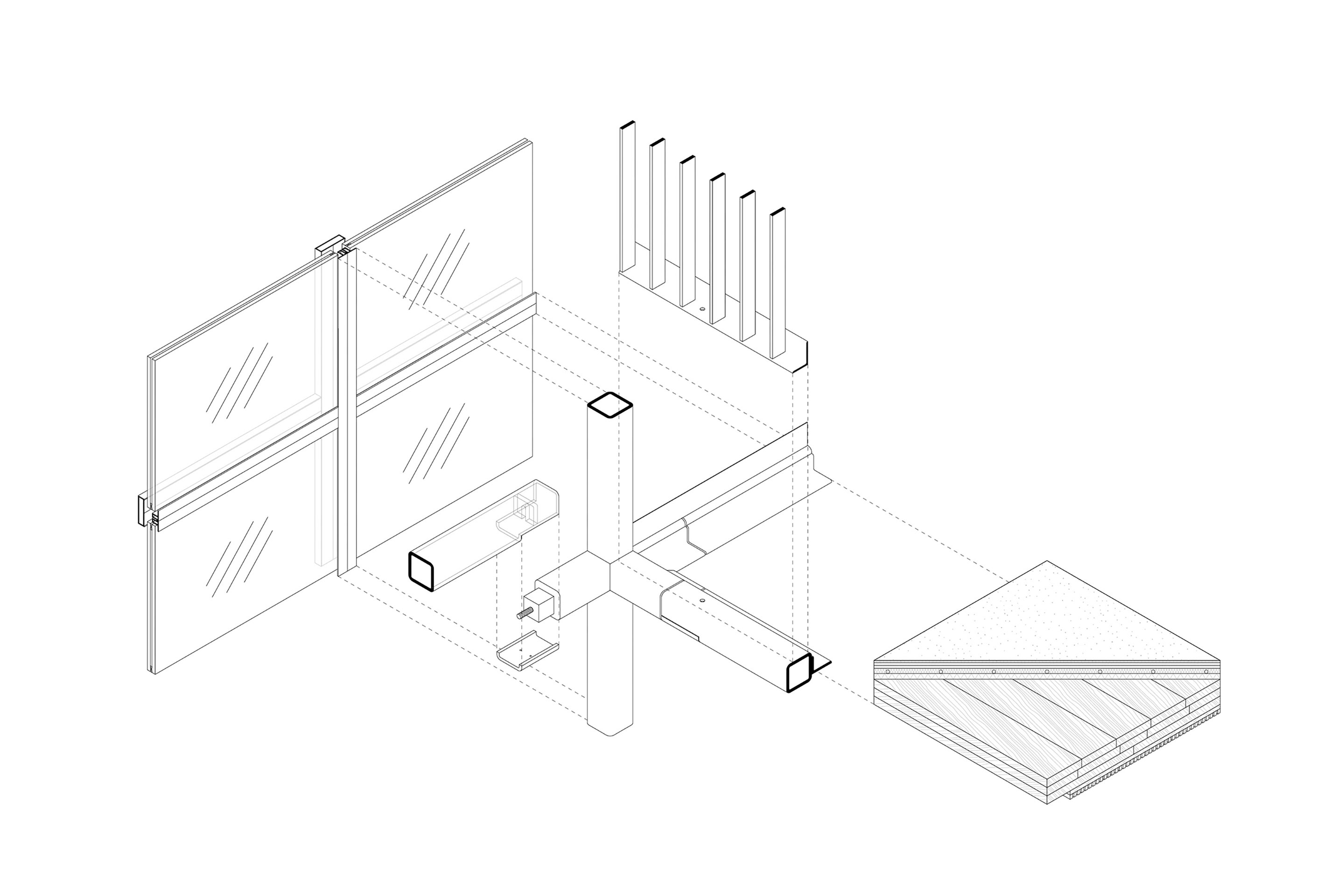 Le même élément acier est employé au niveau de tous les nœuds d’intersection en tube à section carrée de 10 cm × 10 cm