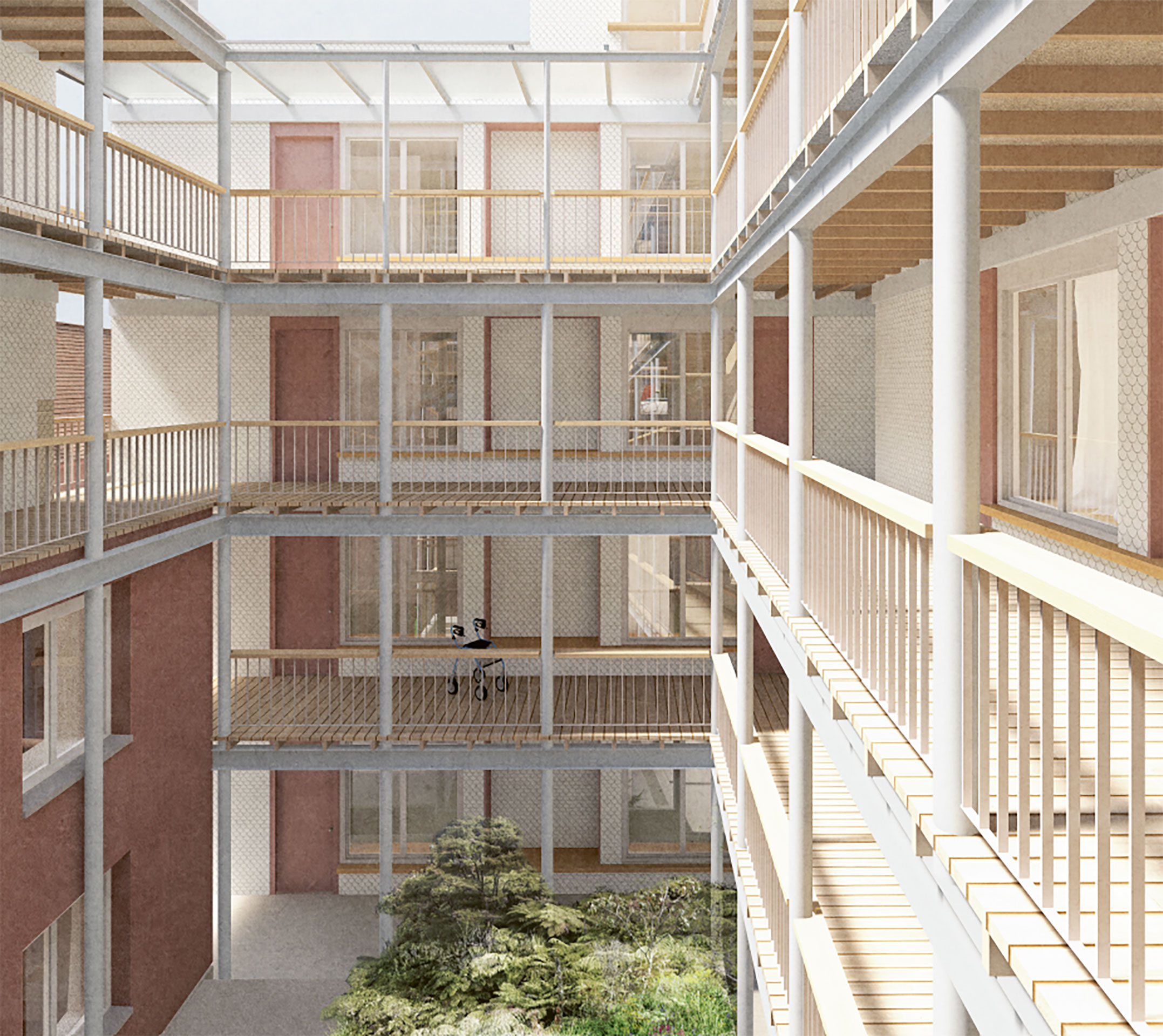 Beitrag «Das alles kommt mit», Zitat Jurybericht: «Das Potenzial des an sich stimmungsvollen Innenhofes mit den Laubengängen als Ort der Begegnung erscheint fraglich, da geeignete räumliche Situationen dafür fehlen.»