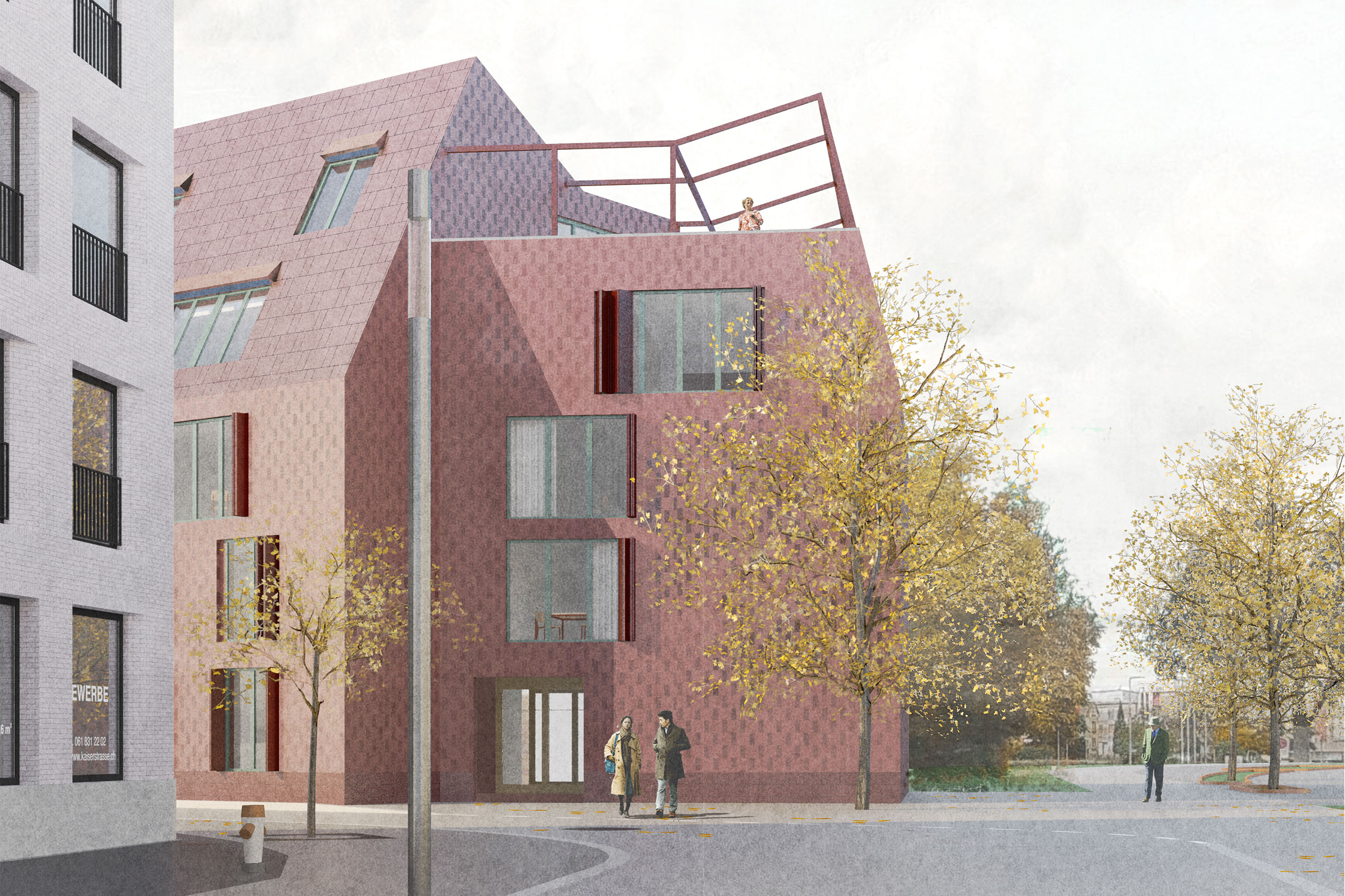 «Jean-Michel»: Von der Altstadt aus gesehen differenziert sich das Volumen noch einmal und passt sich der Strassenflucht an.