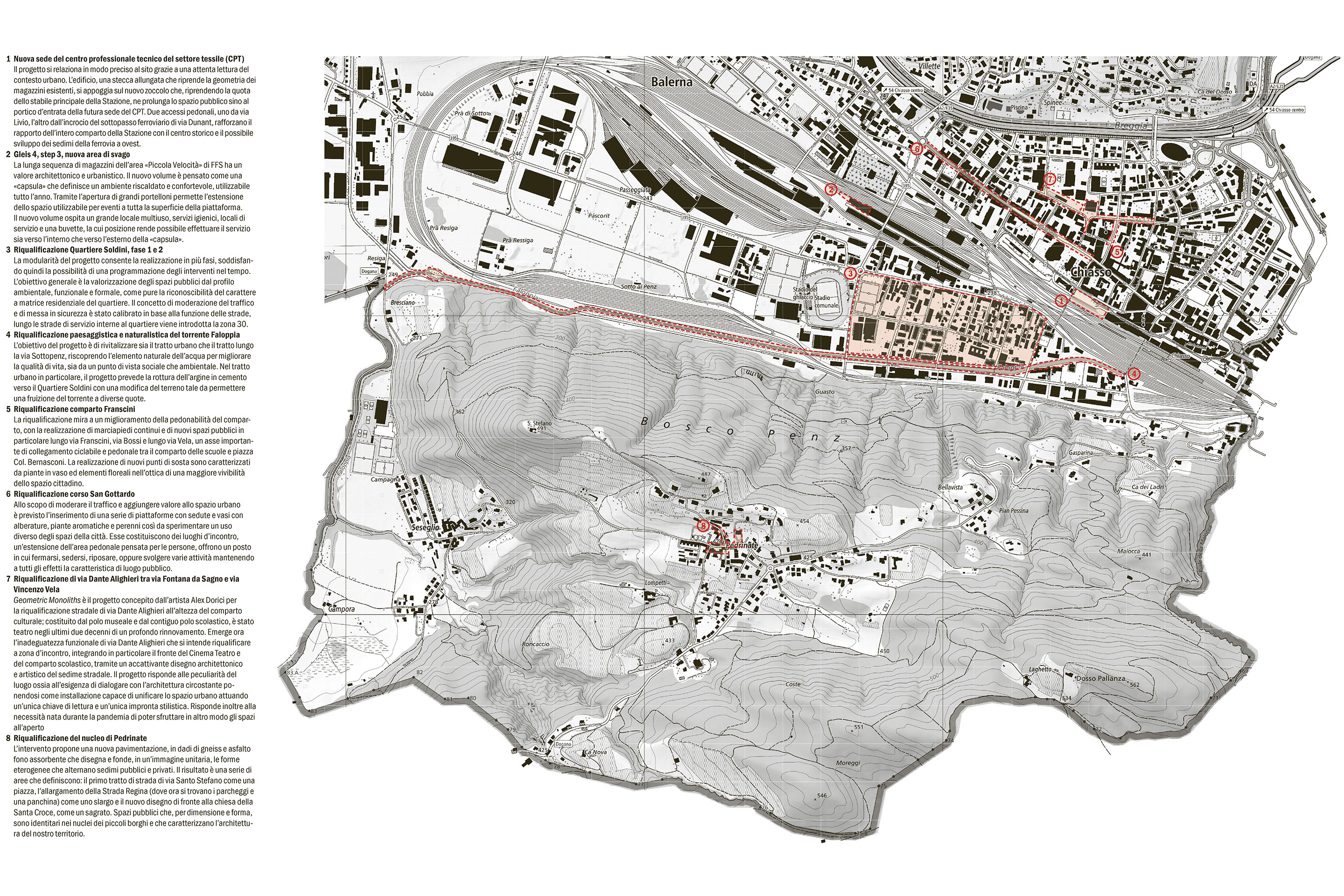 Estratto della carta topografica del territorio di Chiasso con le indicazioni dei principali interventi di rigenerazione urbana.
