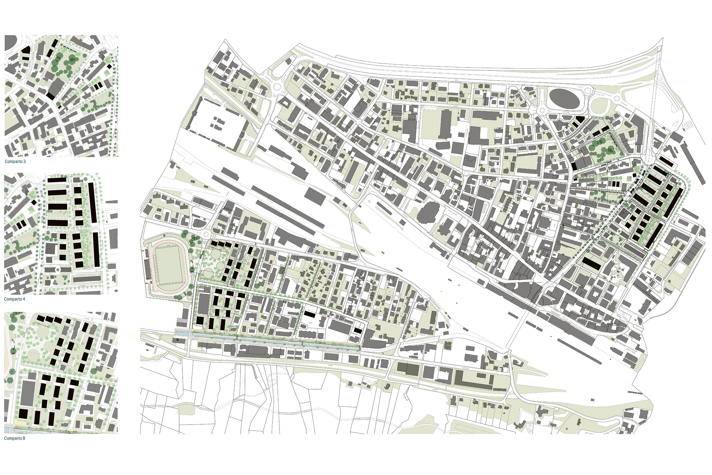 Progetto complessivo degli interventi sui tre comparti strategici, proposta Gruppo 1 Rossetti+Wyss Architekten.