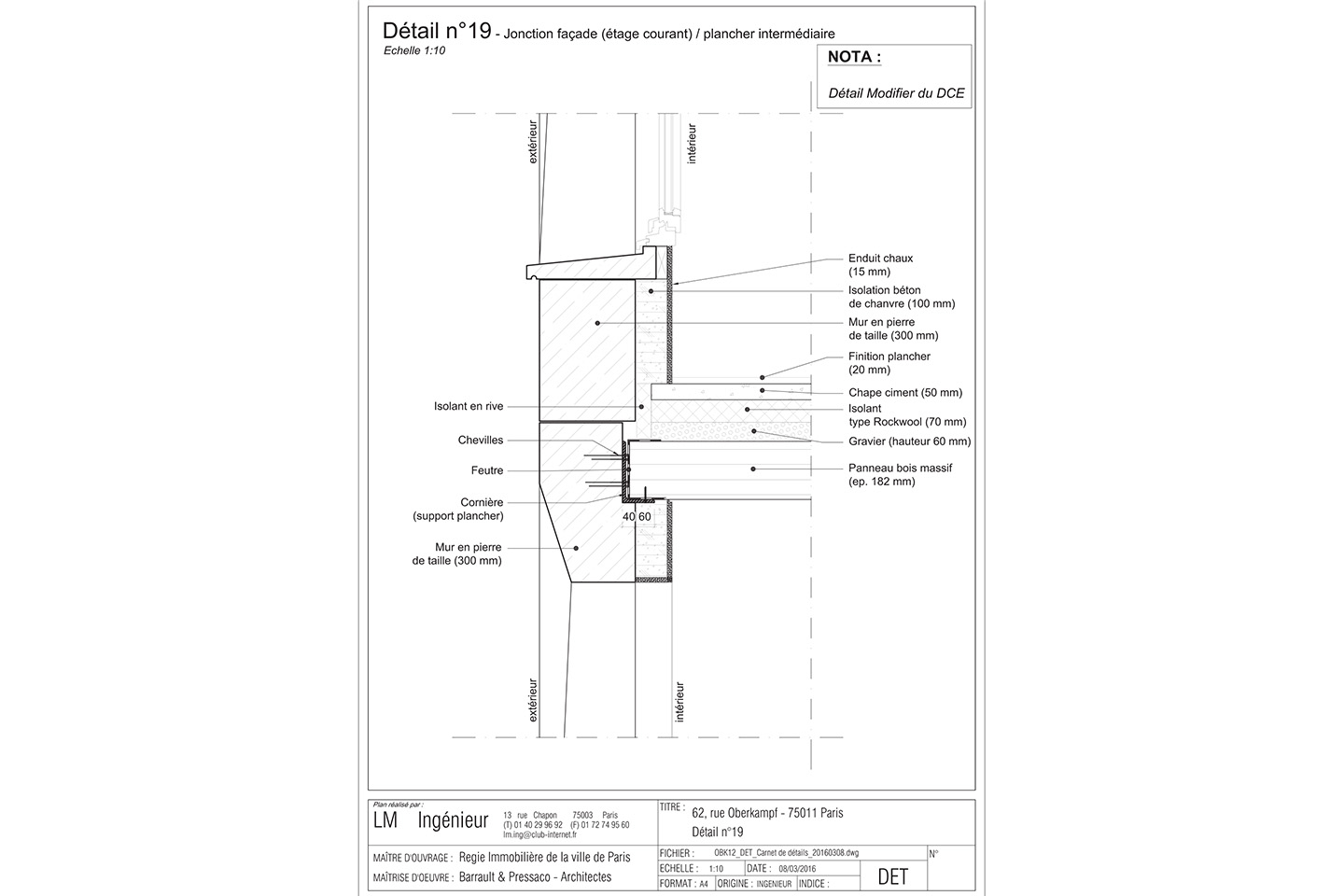 Laurent Mouly (LM Ingénieurs) présente les enjeux thermiques d’une façade réalisée en pierre massive porteuse (R = 1.58 m² K/W, ψ = 0.09 W/mK). Barrault &amp; Pressaco architectes, immeuble rue Oberkampf, Paris, 2013-2018.