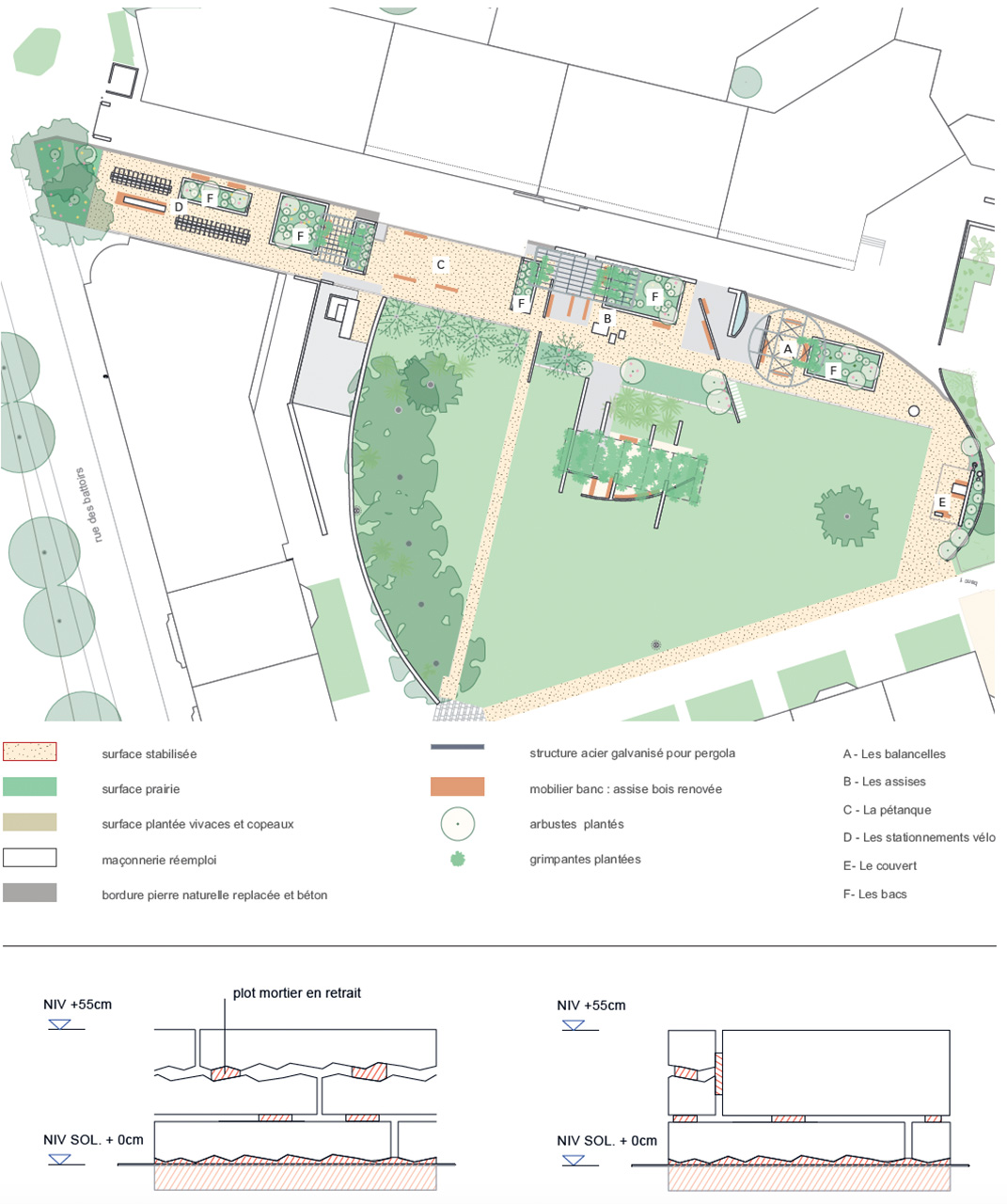 Plan du parc et détail de l’appareillages des bacs à partir de dalles réemployées.