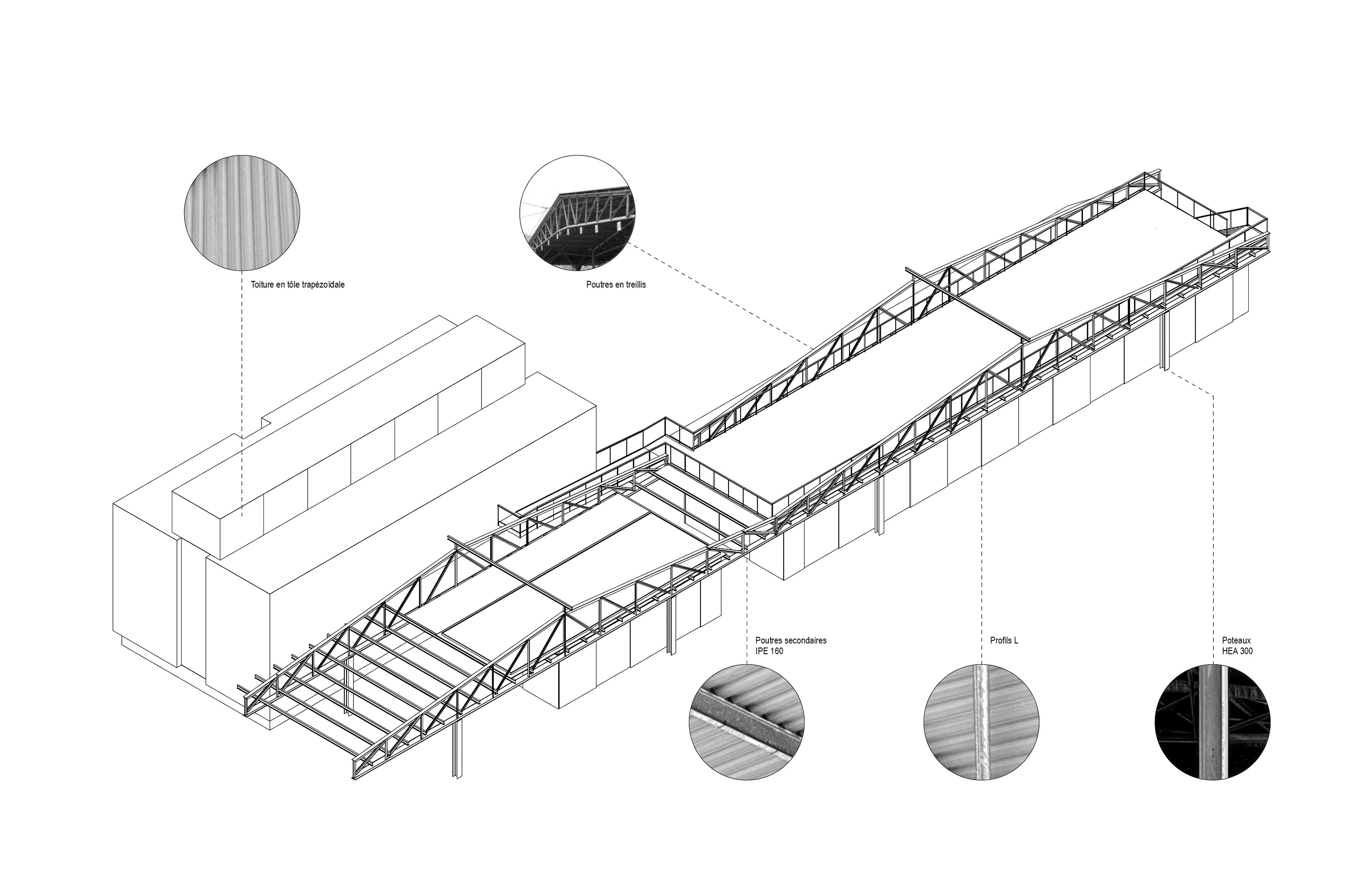 Vue axonométrique des éléments de réemploi, notamment des fermes métalliques des entrepôts TPG.