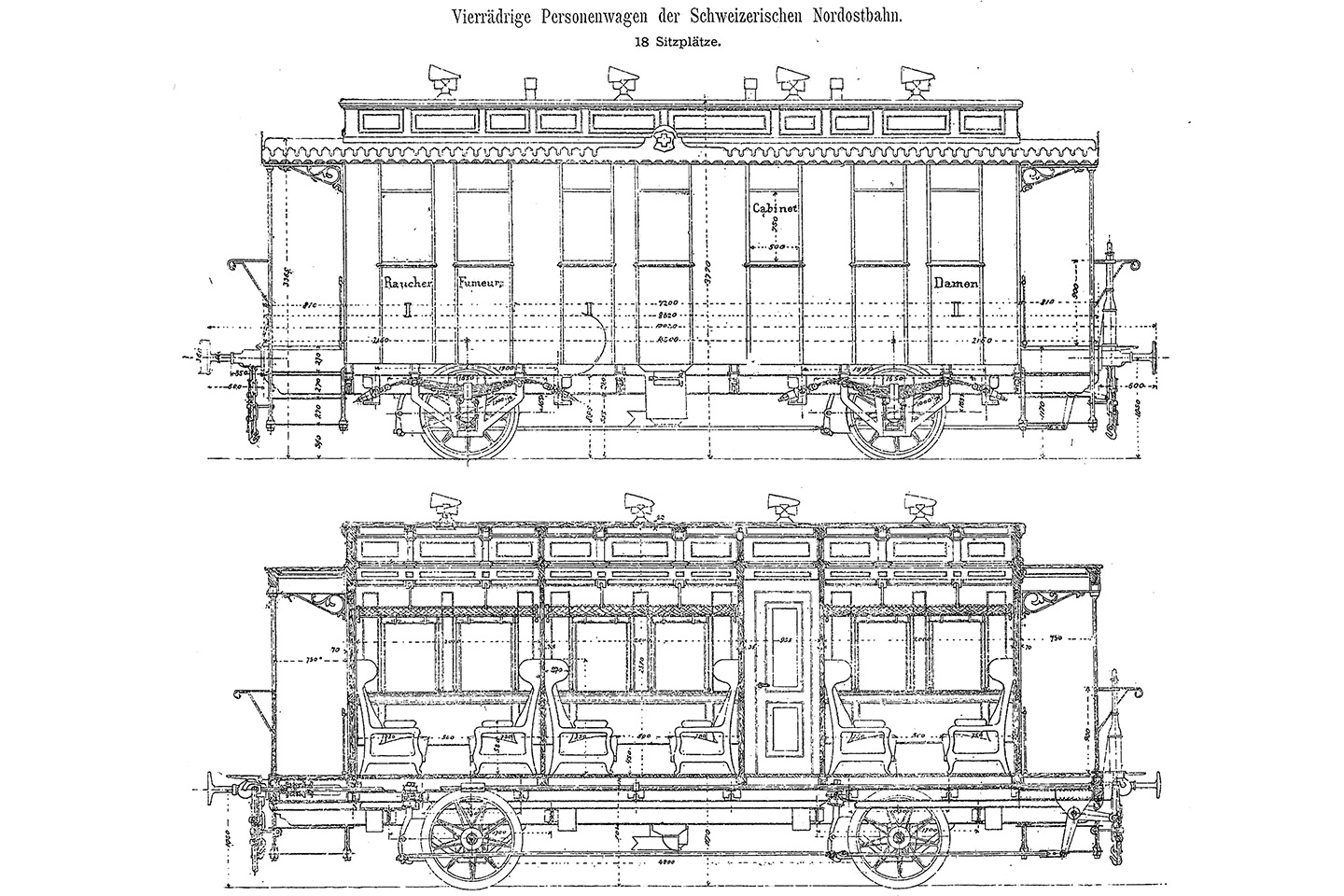 Ein «vierrädriger Personenwagen der Schweizerischen Nordostbahn», um 1847, auch bekannt als «Spanisch-Brötli-Bahn».