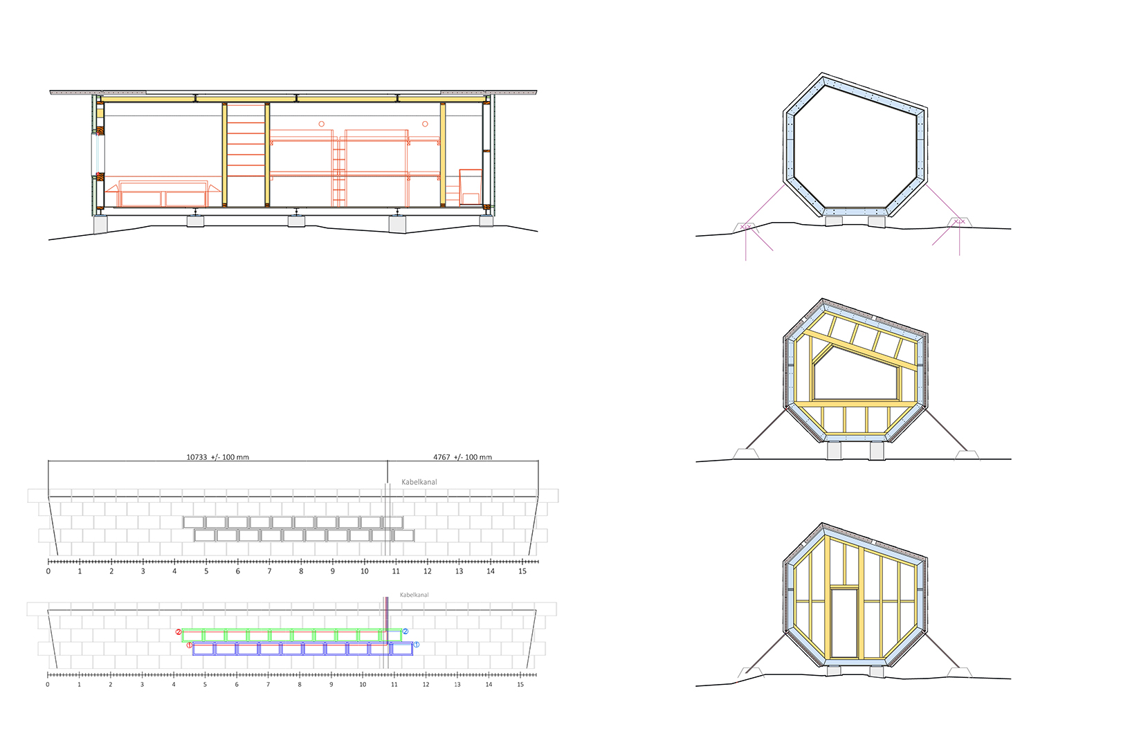 Bivacco Piano della Parete, Via alta Crio. Sezioni, intelaiature e esposizione a sud
