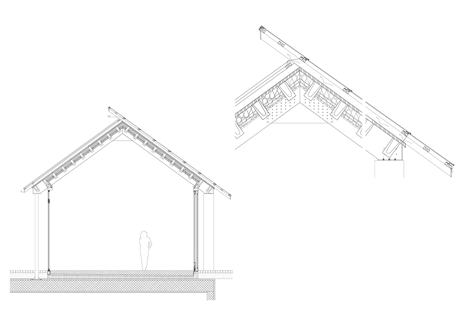 Cantina Obrecht, Jenins. Sezione di dettaglio e dettaglio del colmo e della gronda