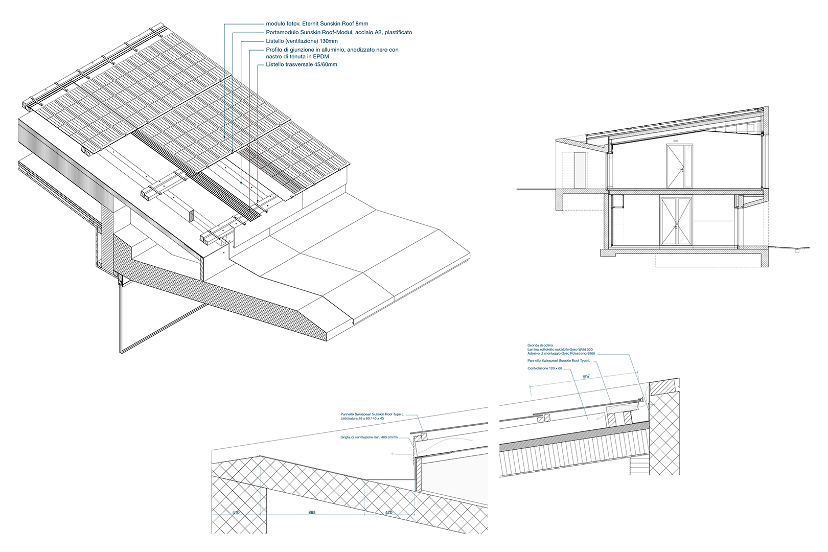 Scuola dell'infanzia, Wundernasa, Ried-Brig. Spaccato assonometrico, sezione trasversale, dettagli al colmo e alla gronda