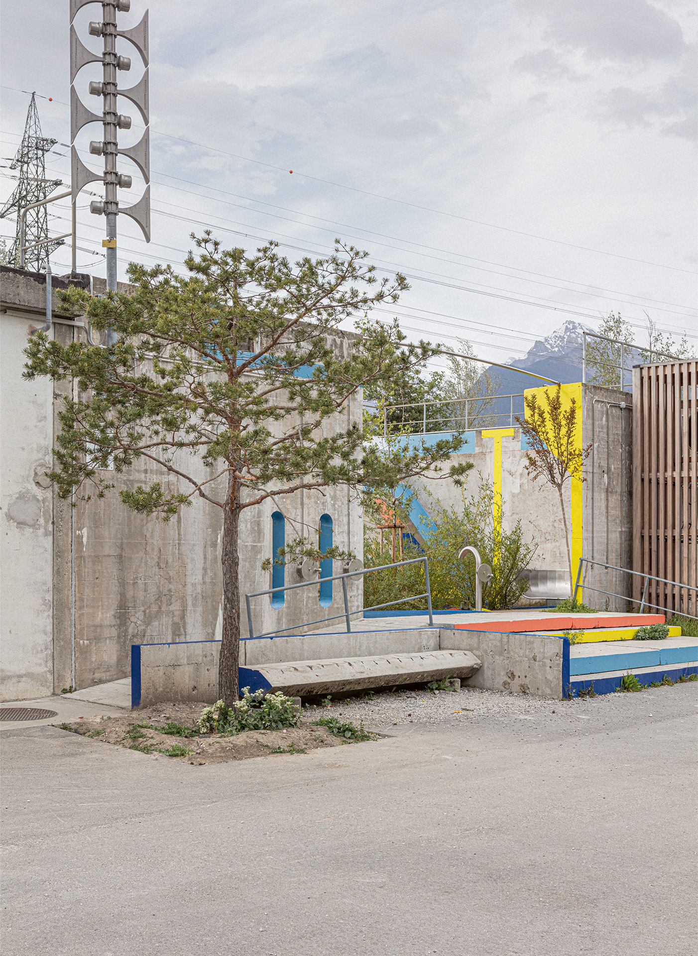 La végétation et les jeux d’eau apportent de la fraîcheur dans cet univers minéral. À terme, le pin de l’entrée et les peupliers trembles dépasseront de la construction pour faire appel et procurer de l’ombre. Au sol, les touffes de saules participent aux jeux.