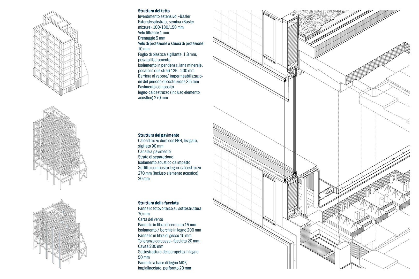 Ufficio per l'Ambiente e l'energia UAE, Basilea. Assonometrie delle fasi costruttive e spaccato assonometrico
