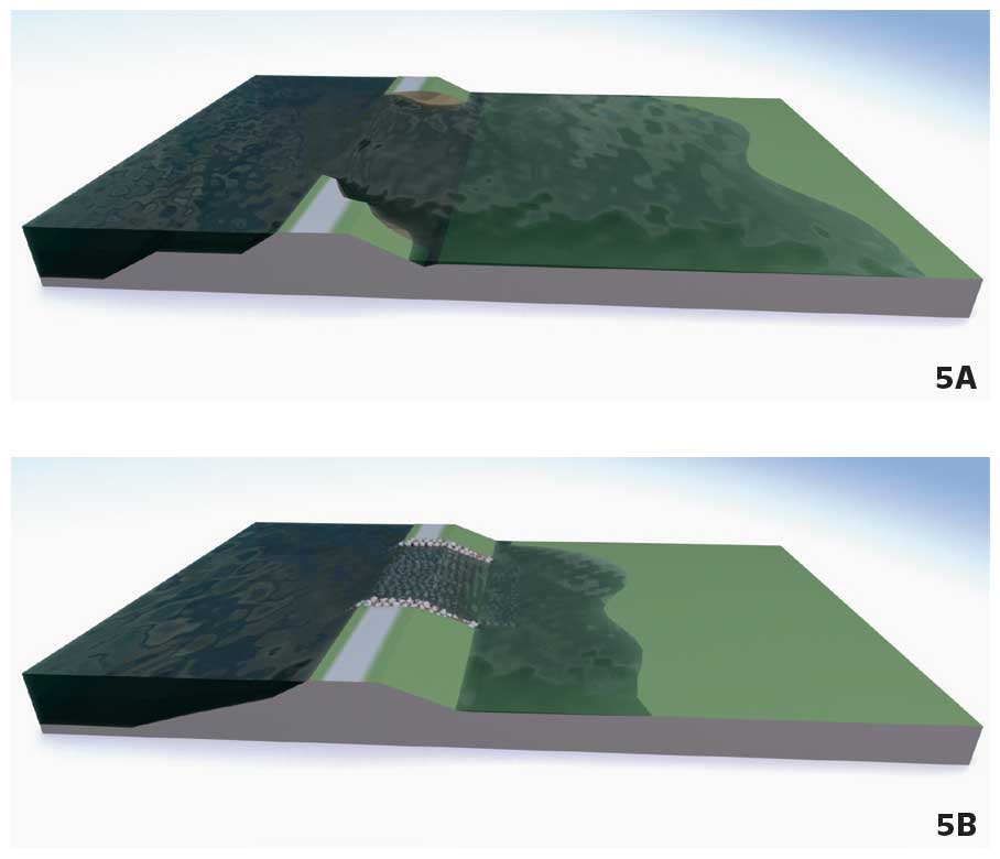 5. En cas de débordement, une digue classique A s’érode à un endroit aléatoire. En cas de rupture, elle se retourne contre ce qu’elle était censée protéger en l’exposant à un mur d’eau d’autant plus haut qu’elle est élevée. Au contraire, une digue submersible B est conçue pour résister à un éventuel débordement et permet de confiner ce dernier dans un périmètre prédéfini.