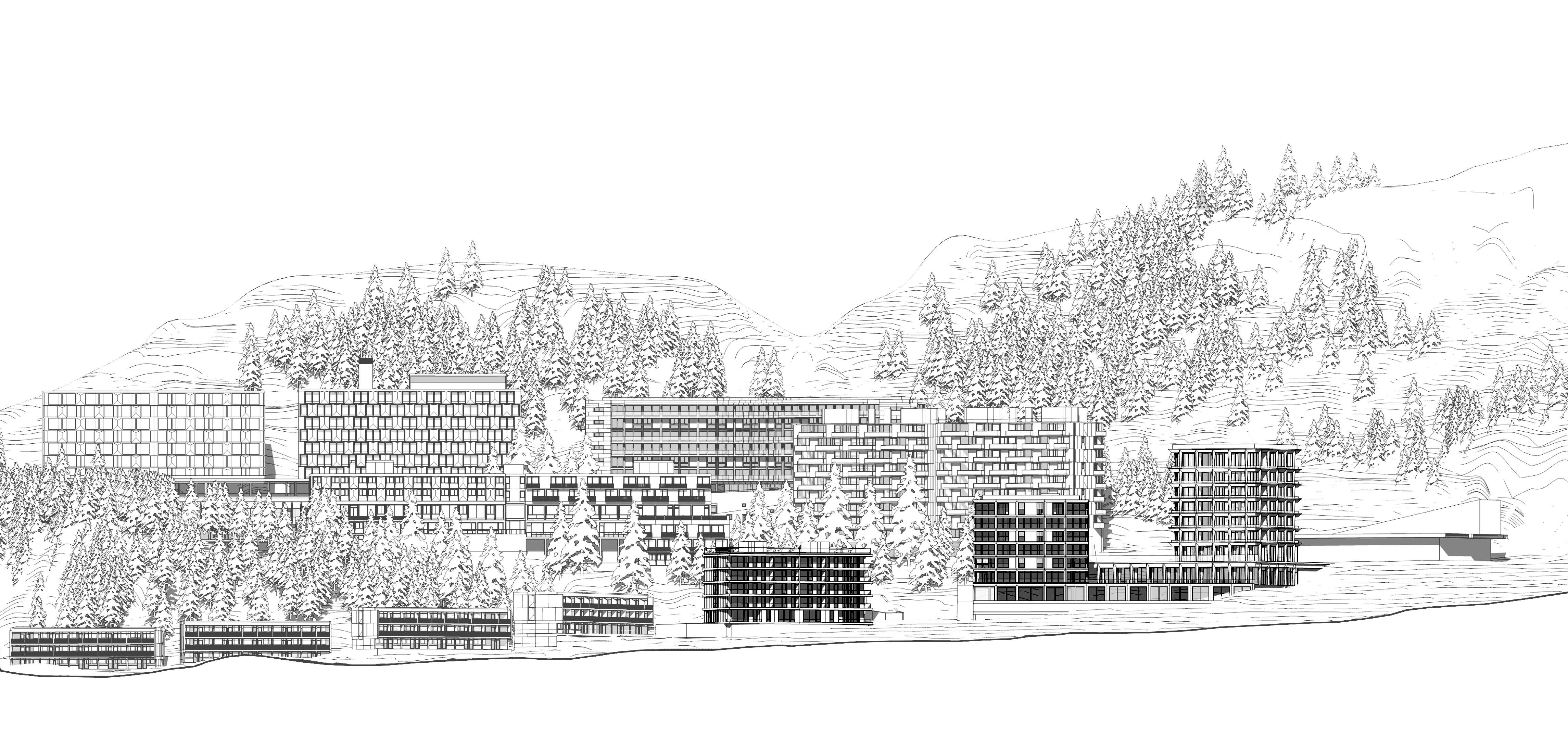 Élévation sud de Flaine. À droite, les trois bâtiments d’Alhéna (A, B et H) étirent le Front de Neige, regagnant le Forum et ses hôtels emblématiques.