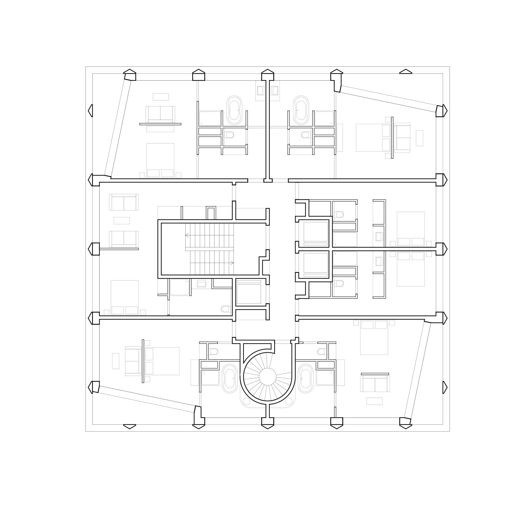 Plan de l’étage type du bâtiment H. Les chambres d’hôtel s’organisent selon un plan carré ne privilégiant pas d’orientation. Dans une composition dynamique, les angles se déplient sur un seul côté et dégagent des loggias pour les suites.