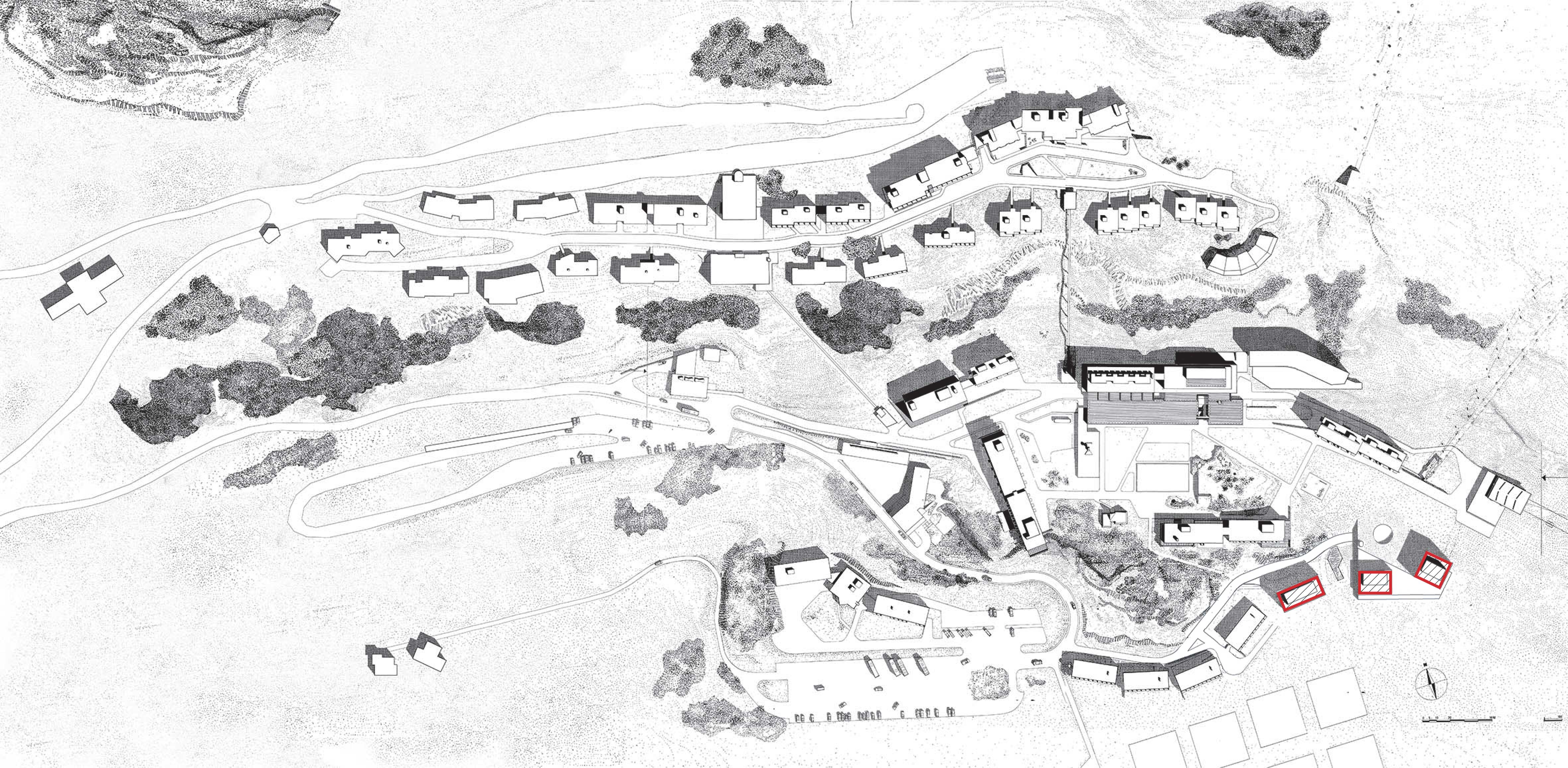Plan masse de 1979, actualisé par R Architecture. À l’extrémité est de Flaine, les trois bâtiments d’Alhéna s’avancent vers le domaine skiable.