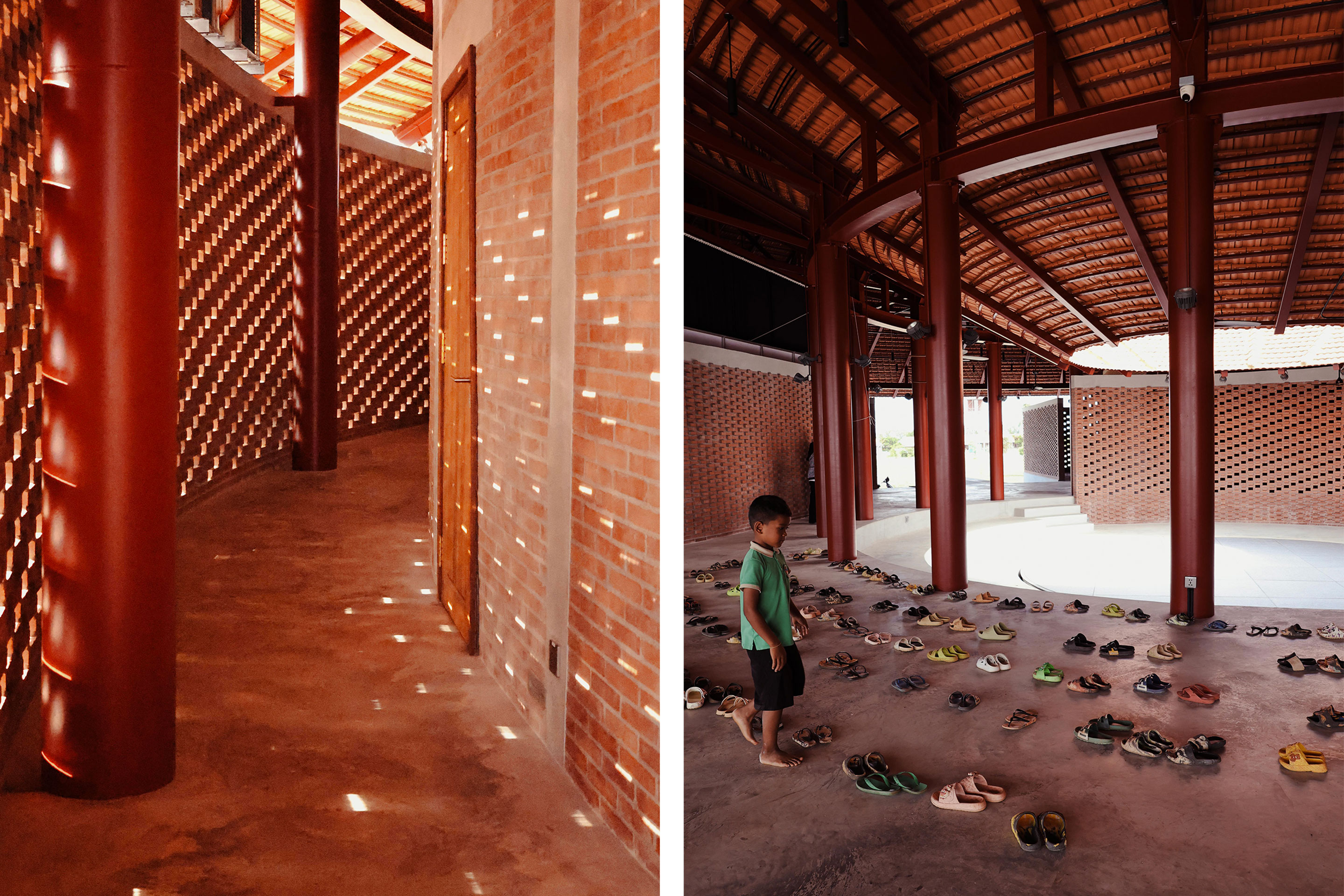 Die Mauertechnik mit den Lüftungsschlitzen verwandelt die Wand in eine ornamentale Fassade.
