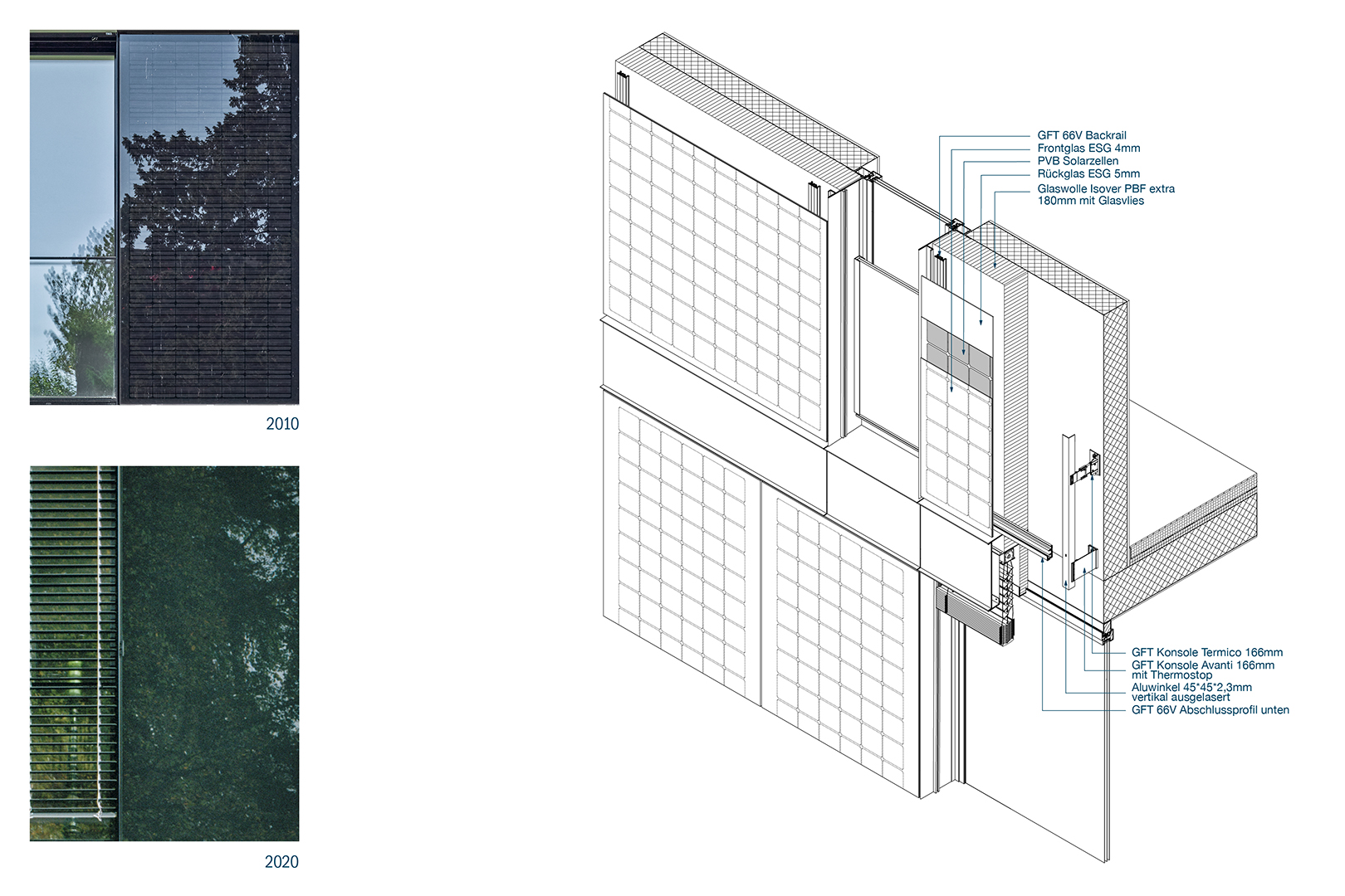 Complesso residenziale Fehlmann, Winterthur. Dettagli dei pannelli fotovoltaici e spaccato assonometrico