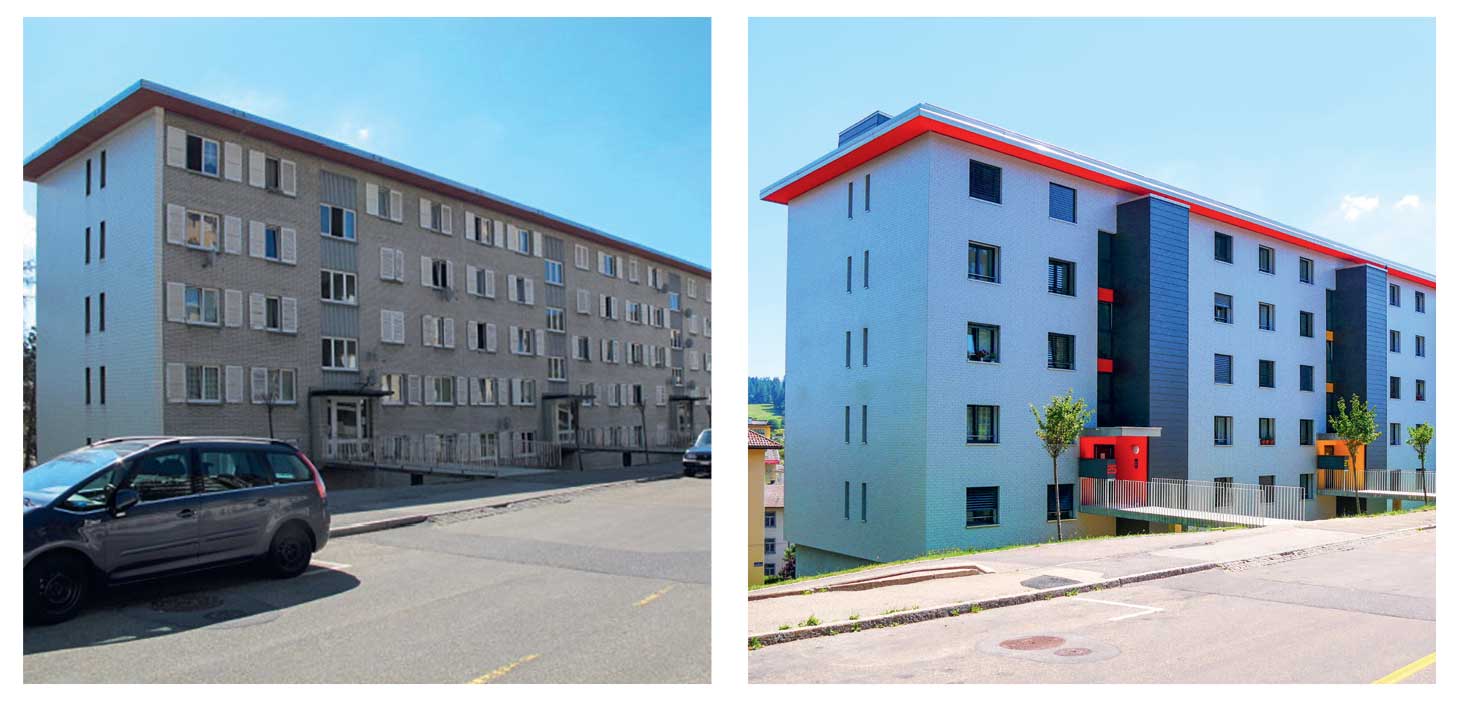 Mauvaise pratique 4: BOIS-NOIR 25-37 (rénové en 2020) – Dans le cas des isolations périphériques des bâtiments du milieu du 20e siècle, le retour de l’isolation dans les embrasures et en tablette dans les fenêtres vient perturber la lecture des façades et leur rapport plein-vide. Un doublage des embrasures signifie aussi une réduction des surfaces de jour et donc une perte de lumière, un élément dont se plaignent souvent les locataires de ces bâtiments. Les bâtiments de la deuxième moitié du 20e siècle, com