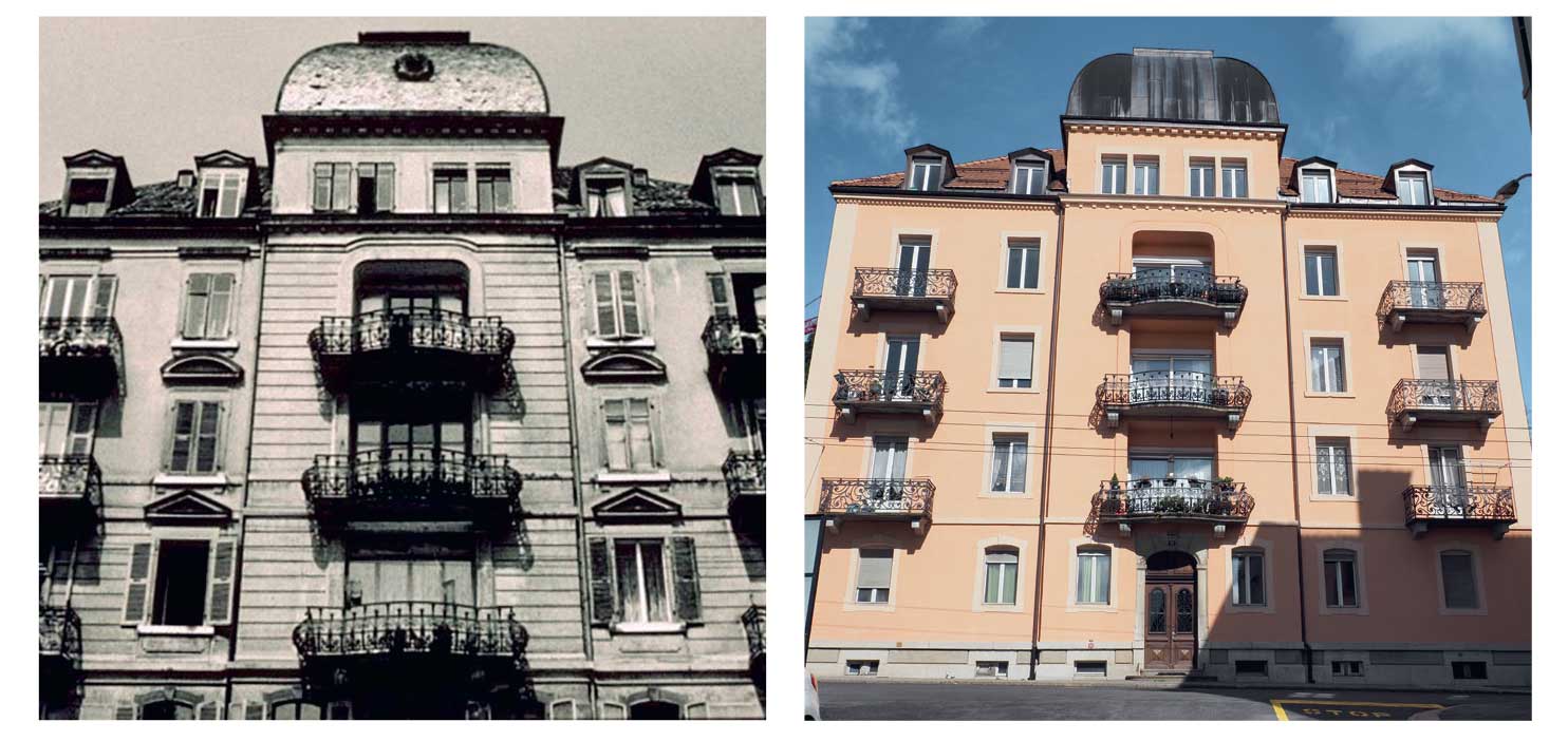 Mauvaise pratique 2: RUE ALEXIS-MARIE-PIAGET 28 (rénové en 1983) – Ce bâtiment très imposant est doté de nombreux éléments décoratifs (des frontons, des bossages sur l’avant-corps et les soubassements,…). Aujourd’hui, une très fine isolation est venue lisser le tout, par-dessus les pierres de taille. Certaines ont été reproduites en faux, mais l’ensemble des bossages, ainsi que les frontons ont été perdus. Une disparition discrète, qui ne se remarque pas au premier coup d’œil, mais où une grande partie de l