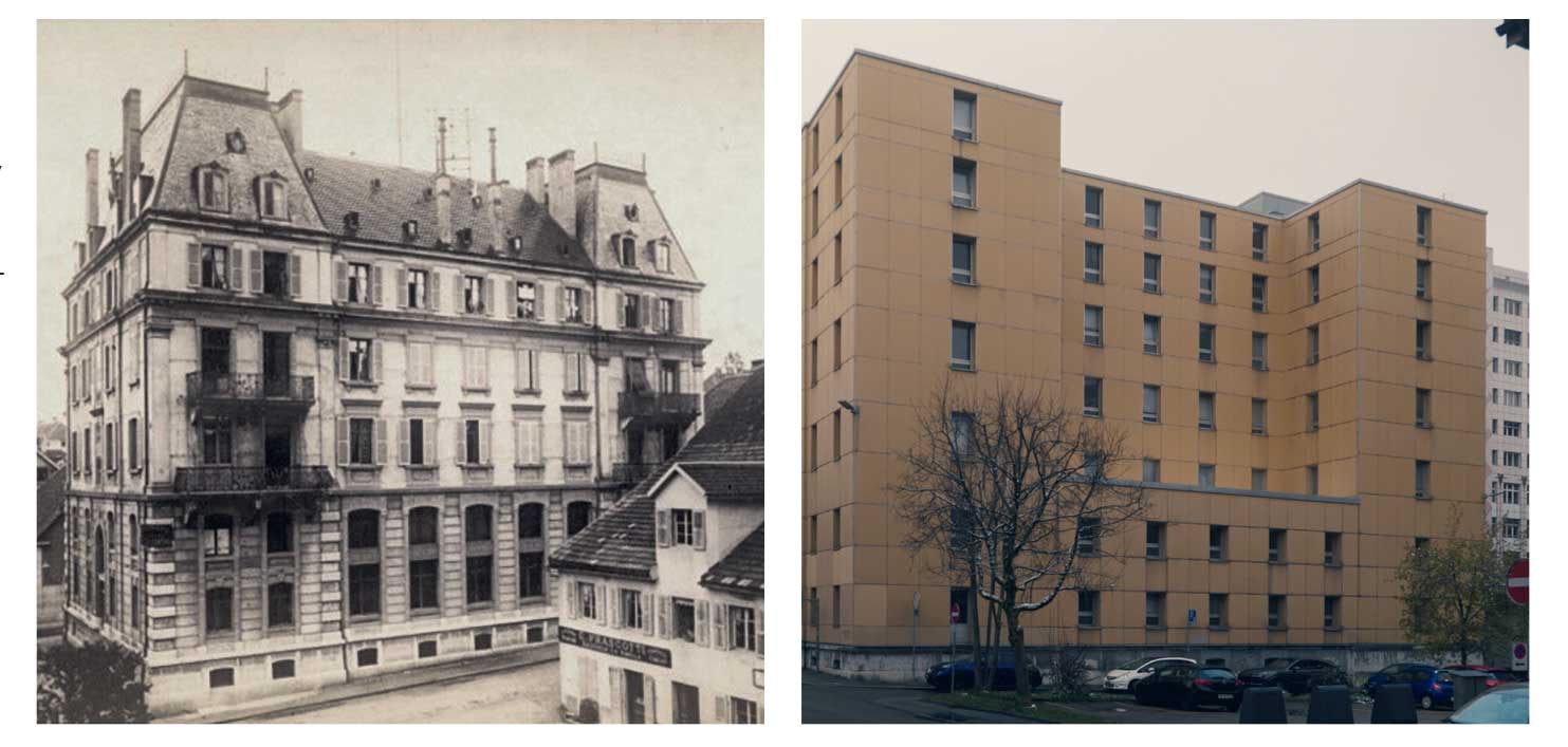 Mauvaise pratique 1: JAQUES-DROZ 12 (rénové en 1973) – Ce bâtiment édifié en pierre était à l’origine orné de toitures très ouvragées. Les interventions, qui se sont déroulées il y a plusieurs dizaines d’années, étaient possibles à l’époque – elles ne le seraient plus aujourd’hui. En effet, le doublage des façades a supprimé tous les éléments décoratifs, et certaines dalles ont été refaites… Si la structure est encore là, il ne reste plus grand-chose du bâtiment d’origine, même si certains fragments de déco