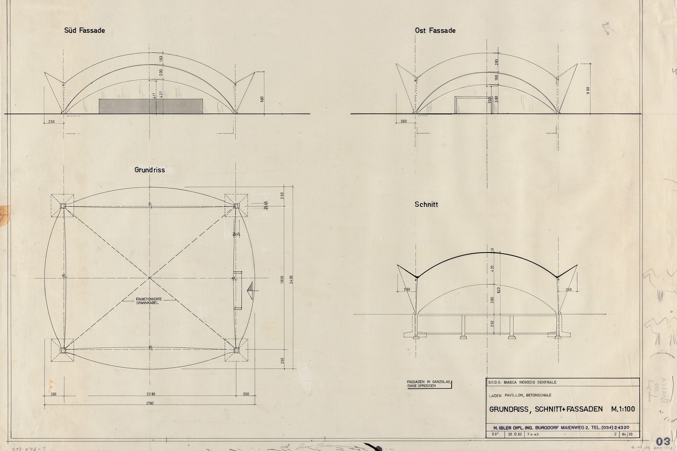 Pianta, sezione e prospetti
