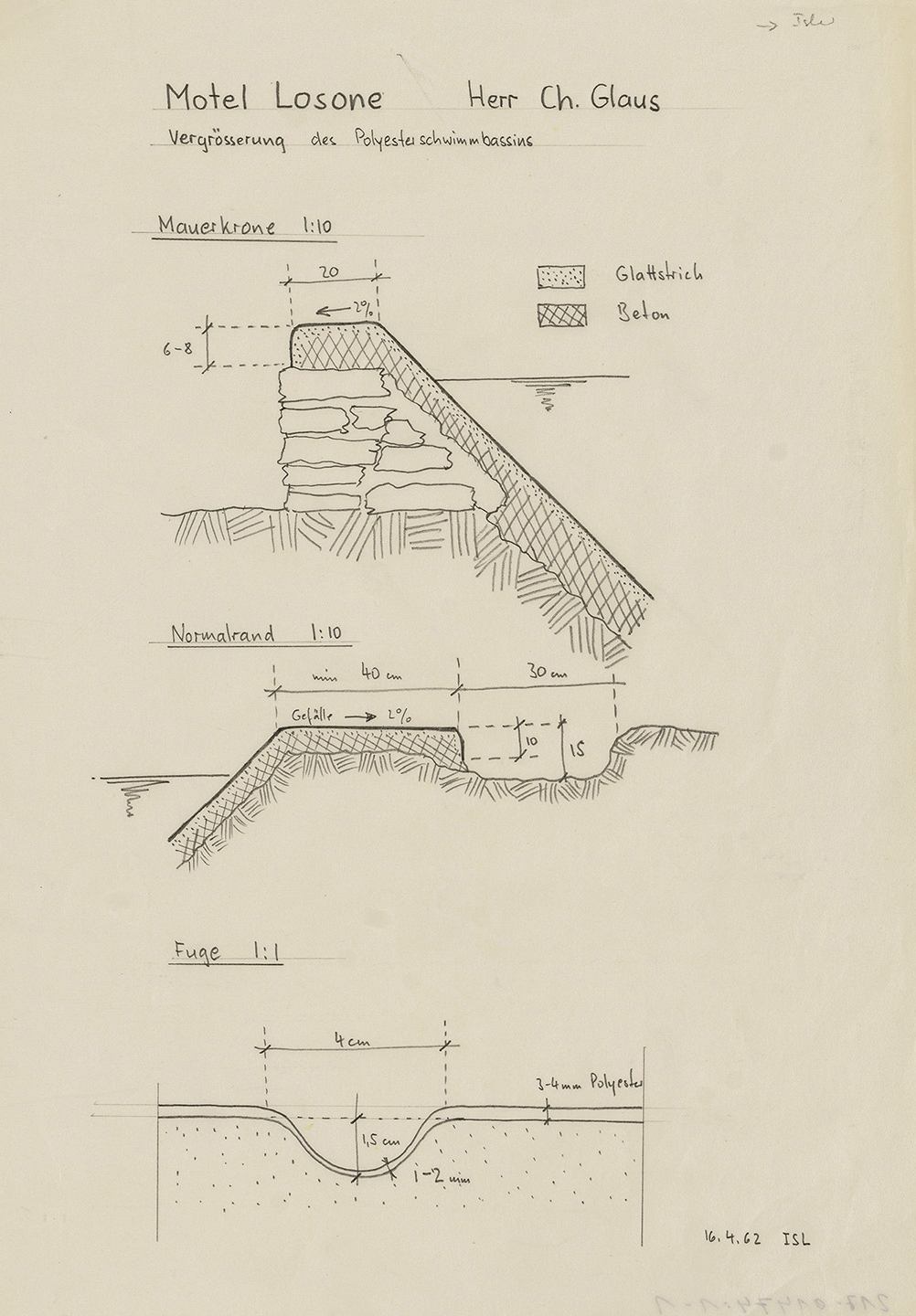 Tavola con i dettagli tipologici delle sponde delle vasche e il giunto di dilatazione