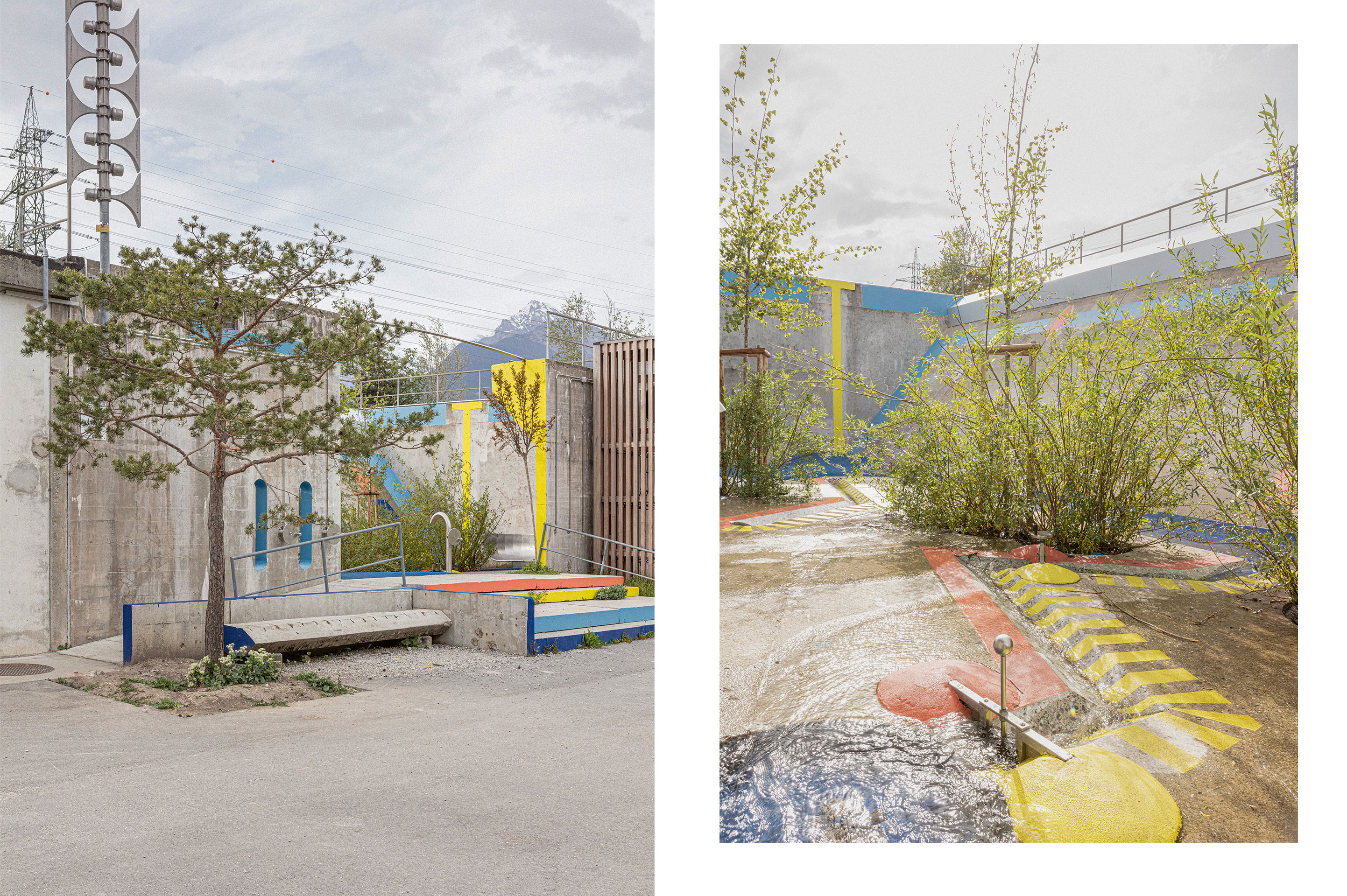 Die Eingriffe am Beton sind farbig markiert. Einschnitte, Ausfräsungen und andere Narben transportieren die Erinnerung an das ehemalige Becken in eine Spielwelt.