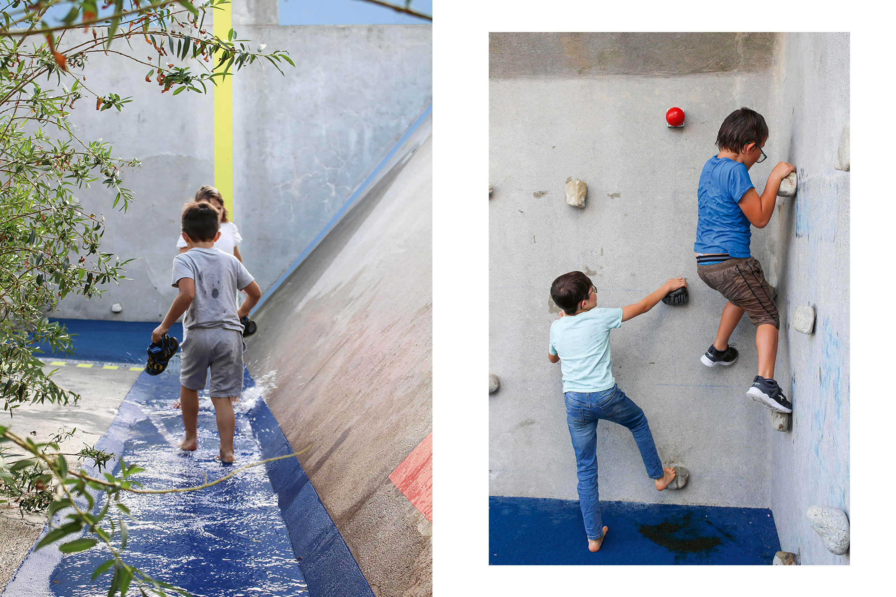 Die Eingriffe am Beton sind farbig markiert. Einschnitte, Ausfräsungen und andere Narben transportieren die Erinnerung an das ehemalige Becken in eine Spielwelt.