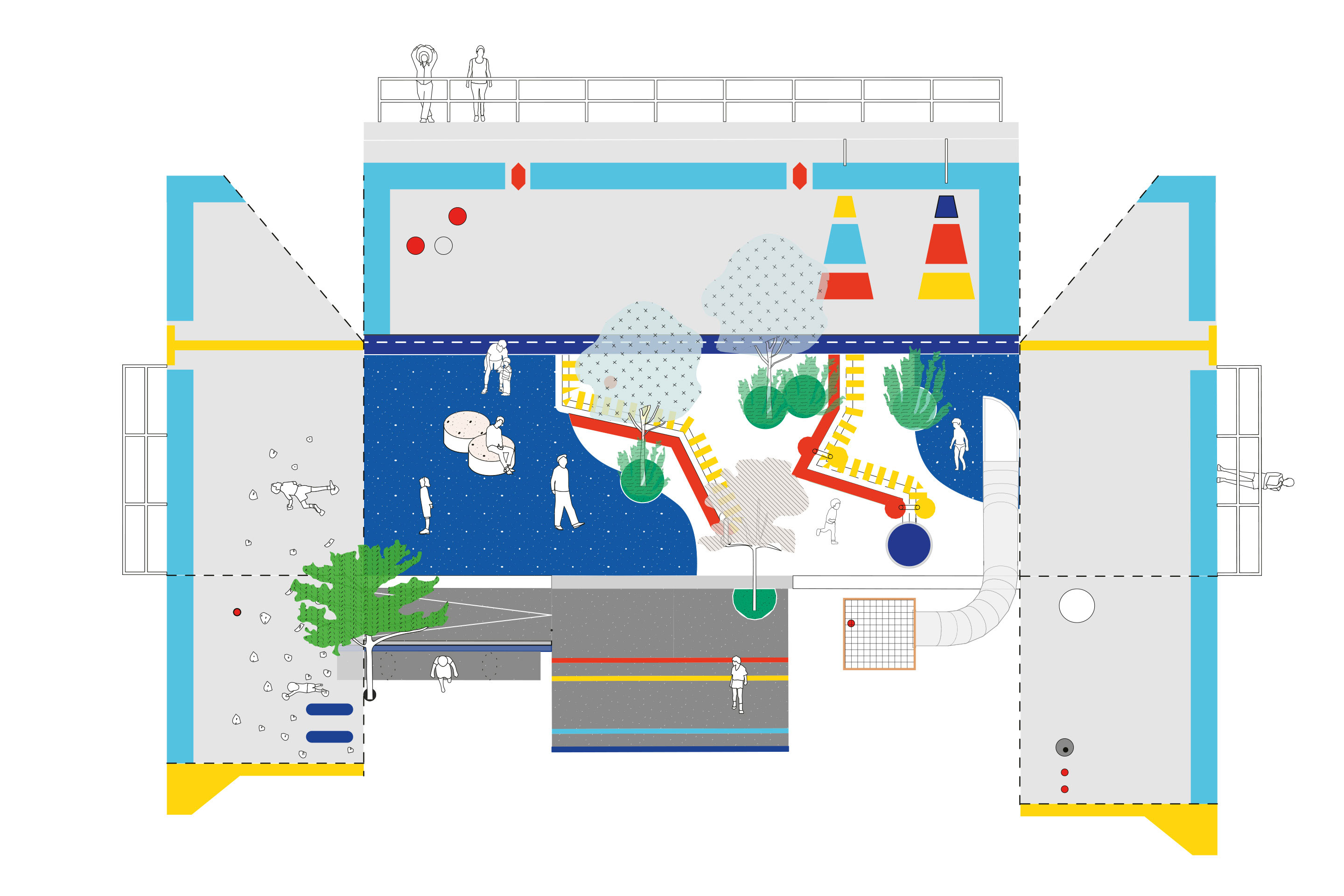 Das Projekt als Schnittmuster: Grundriss mit Abwicklung der Wandflächen. Pflanzen und Wasserspiele bringen willkommene Kühle in die Betonlandschaft. Mit der Zeit werden die Föhre am Eingang und die Espen über das Bauwerk hinausragen und Schatten spenden. Die Weidengruppen am Boden des Beckens sind Teil der Spiellandschaft.