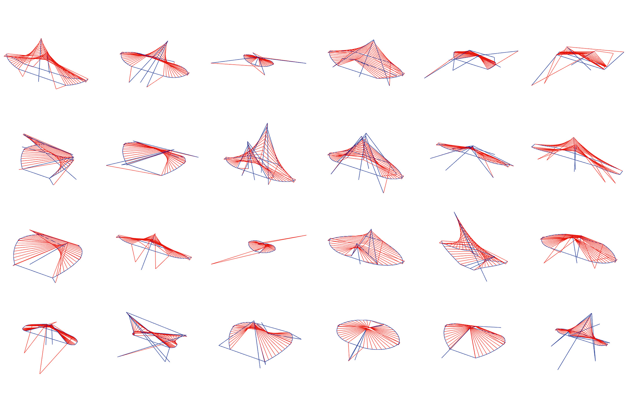 Serie di varianti progettuali per la copertura di uno stadio generate con il Combinatorial Equilibrium Modeling (CEM) e Self-Organizing Map (SOM).