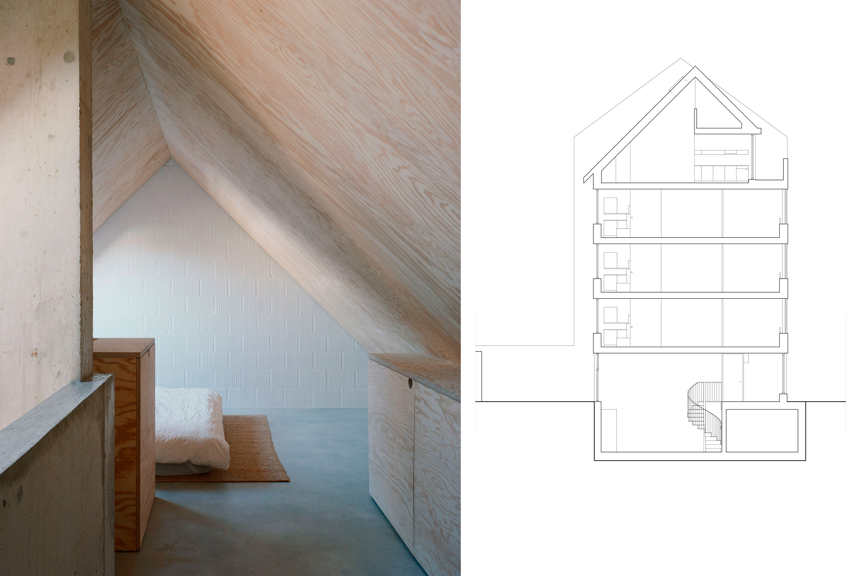 Schlafplatz hoch oben unter dem Dach. Rechts: Querschnitt.