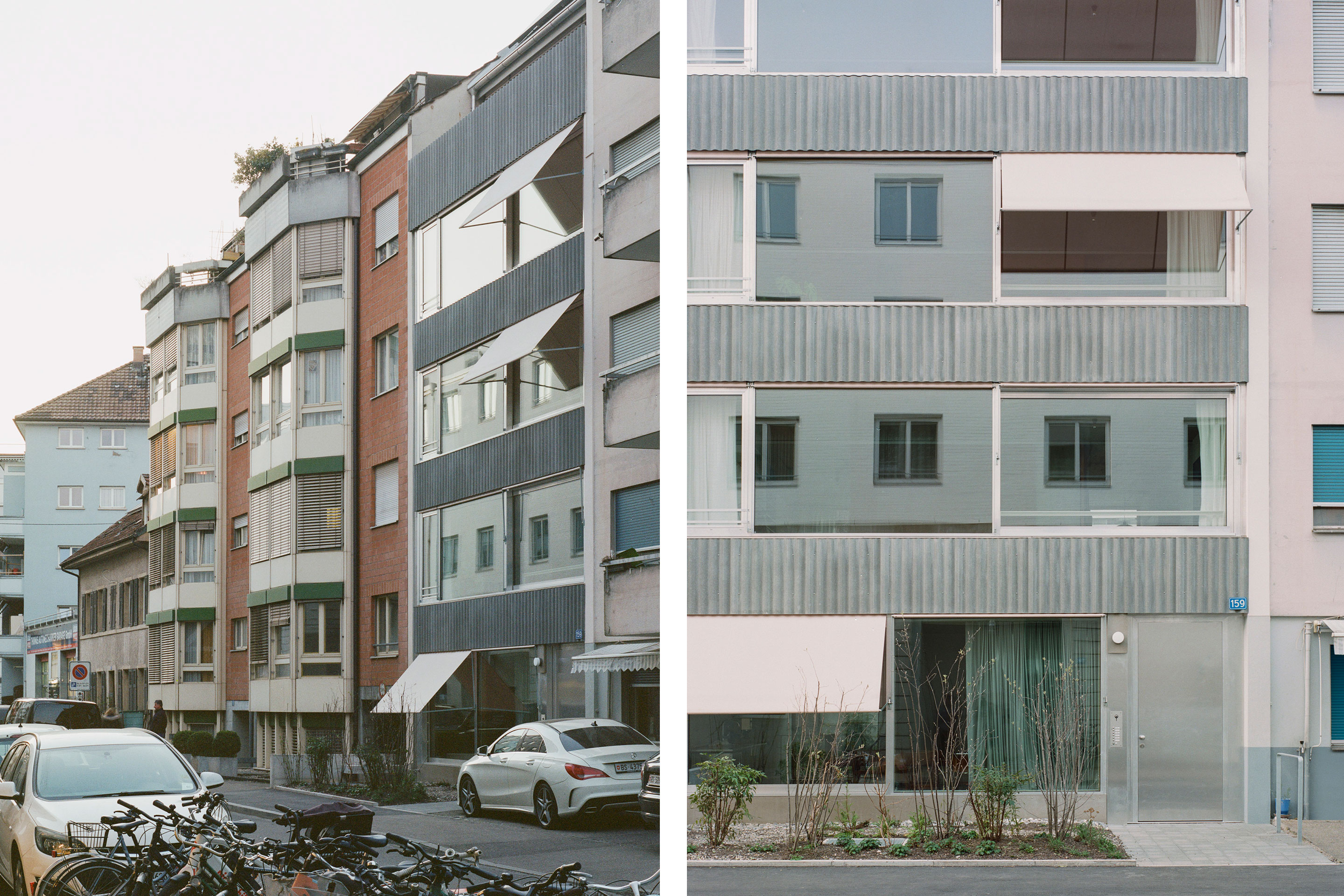 Die Fassade orientiert sich in ihrer Struktur an den umgebenden Gebäuden. Die Markisen in Rosé nehmen die Farbgebung eines der Nachbarbauten auf.
